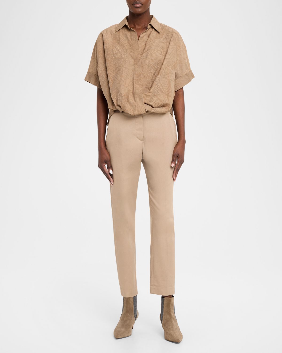 Brunello Cucinelli Floral Jacquard Poplin Gathered Short-Sleeve Shirt