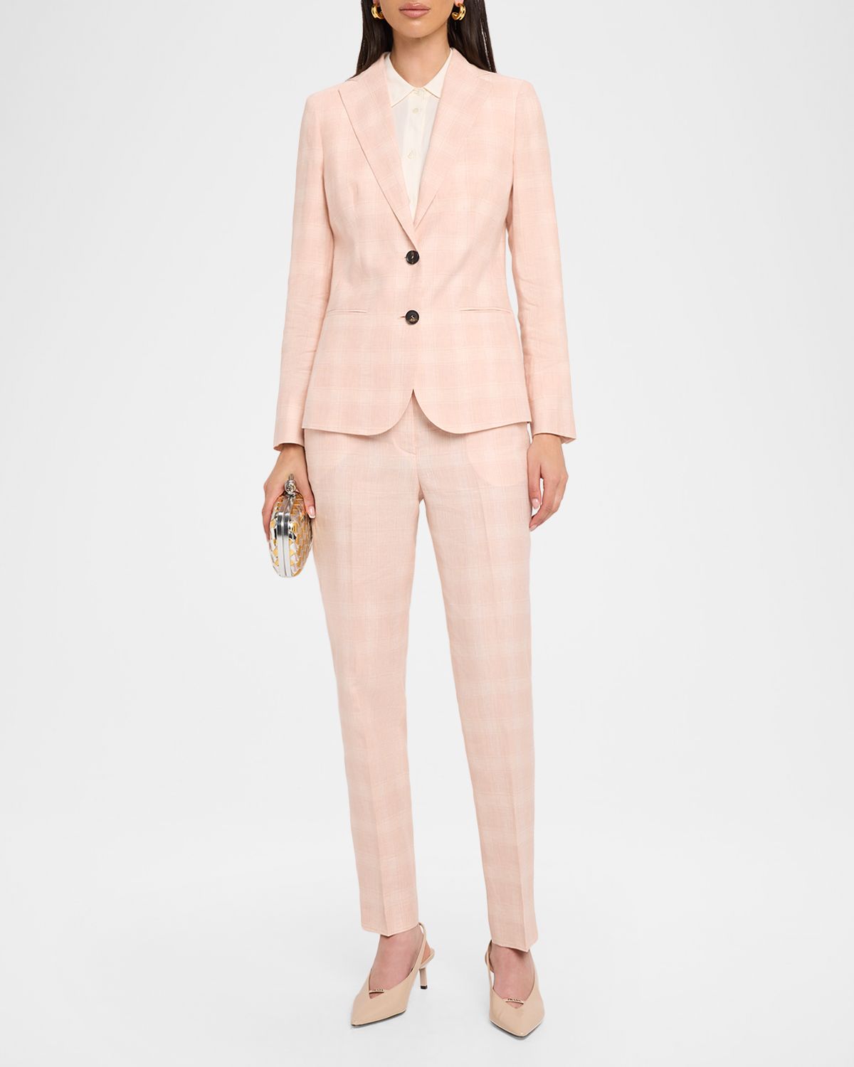 Kiton Check Linen Slim-Leg Ankle Trousers