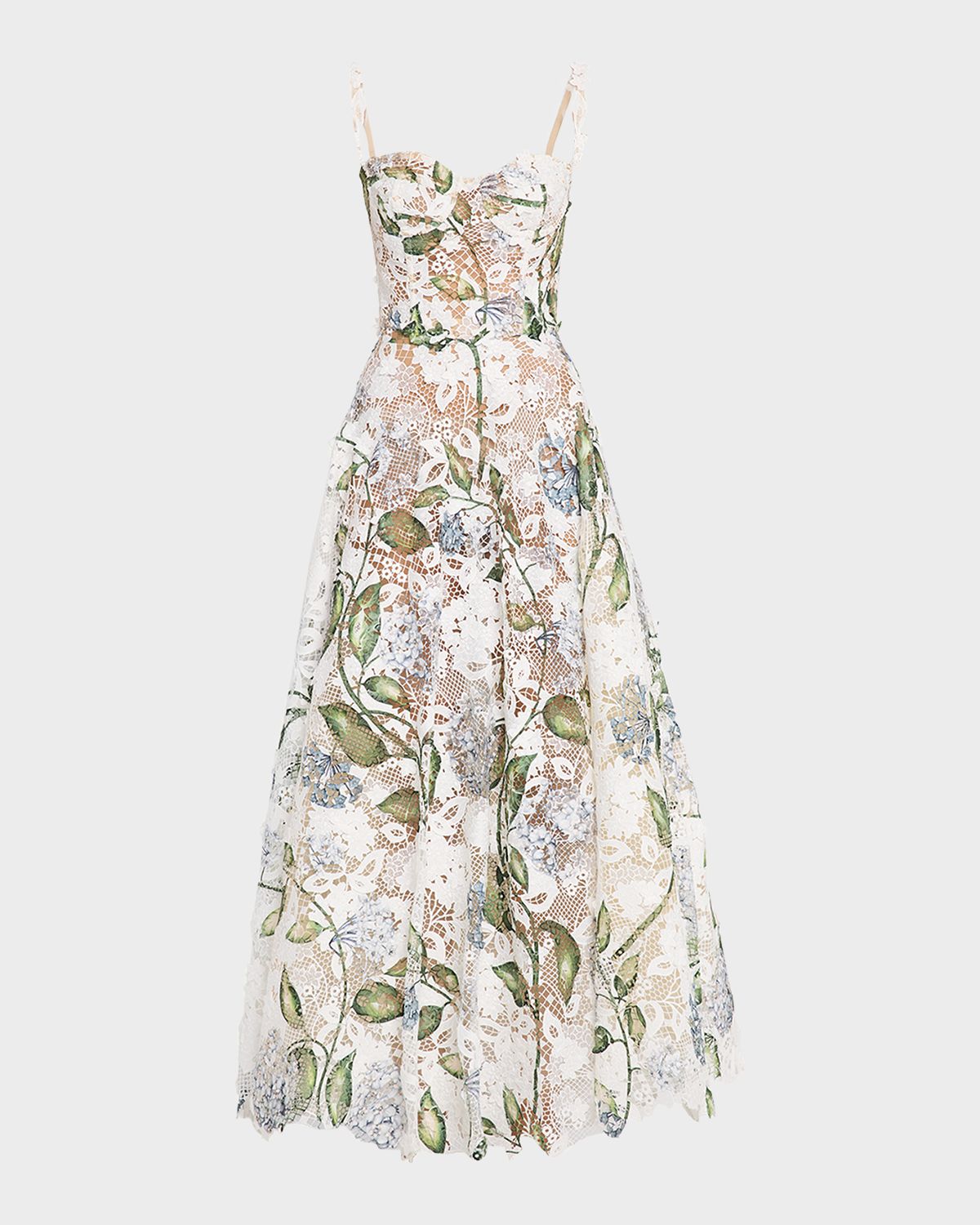 Oscar de la Renta Sleeveless Porcelain Flowers-Print Lace Maxi Dress