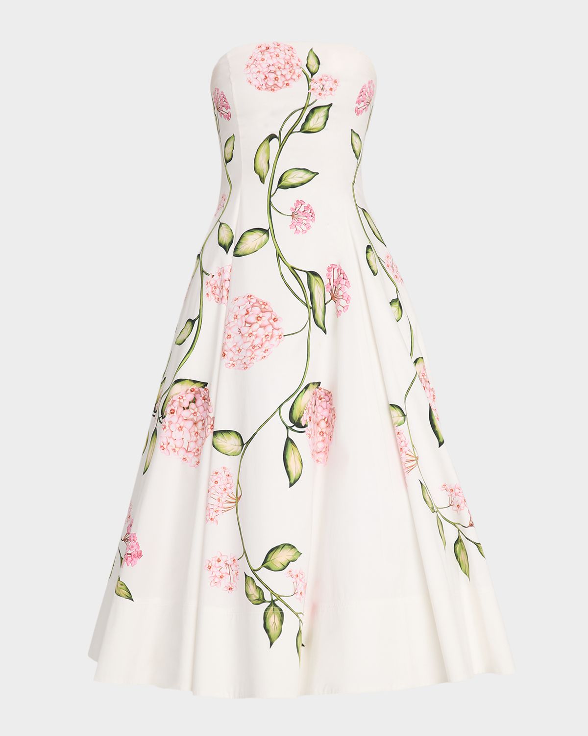 Oscar de la Renta Strapless Porcelain Flowers Cotton Poplin Midi Dress