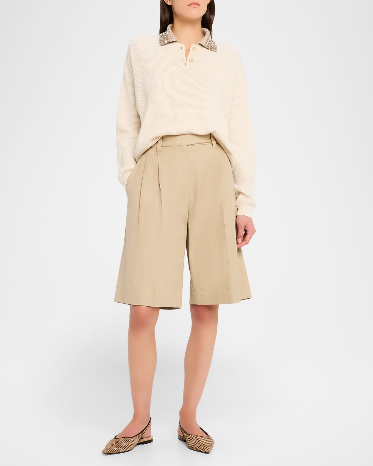 Brunello Cucinelli Dazzling-Collar Cashmere Rib Polo Sweater