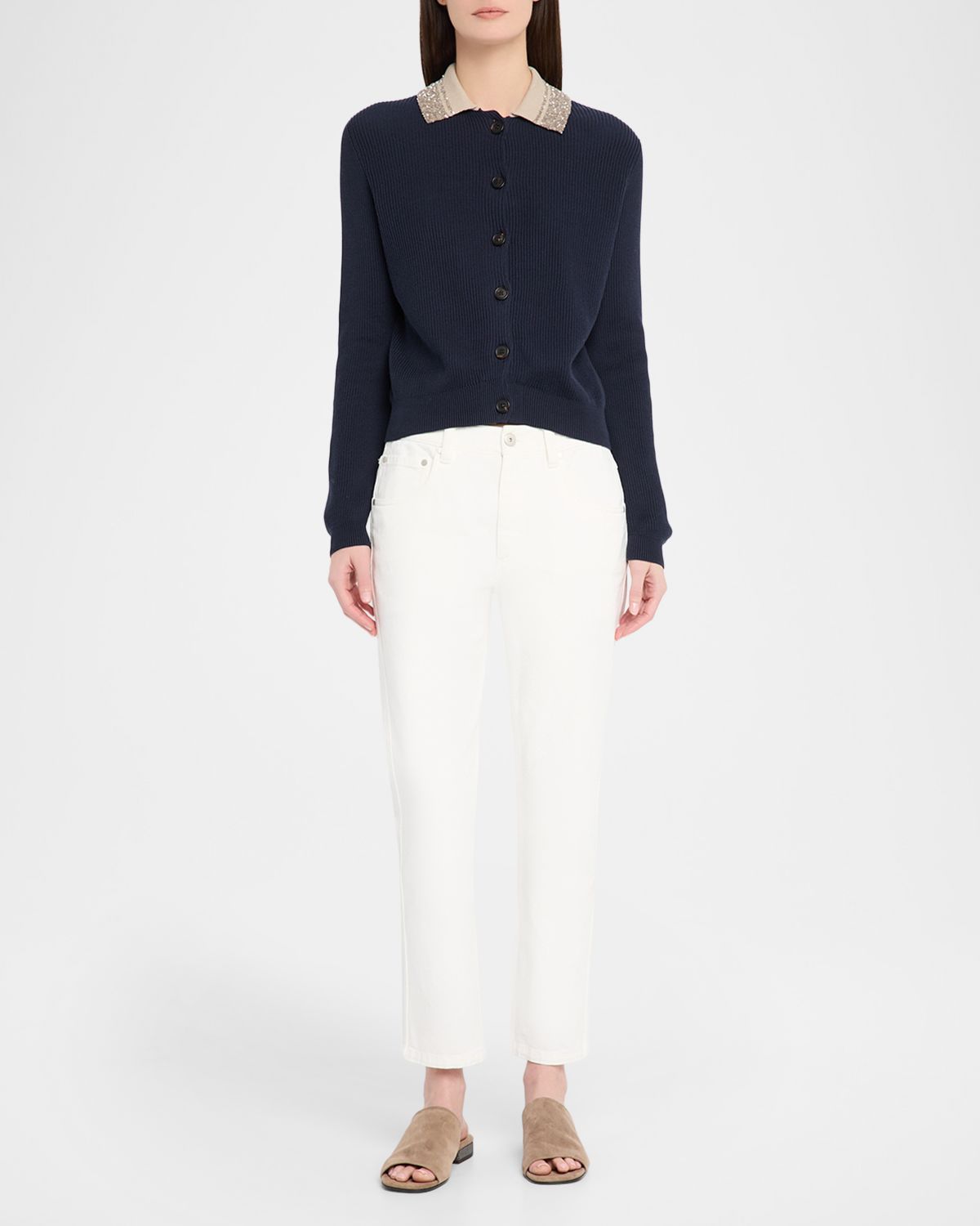 Brunello Cucinelli Paillette Collar Cotton Rib Cardigan