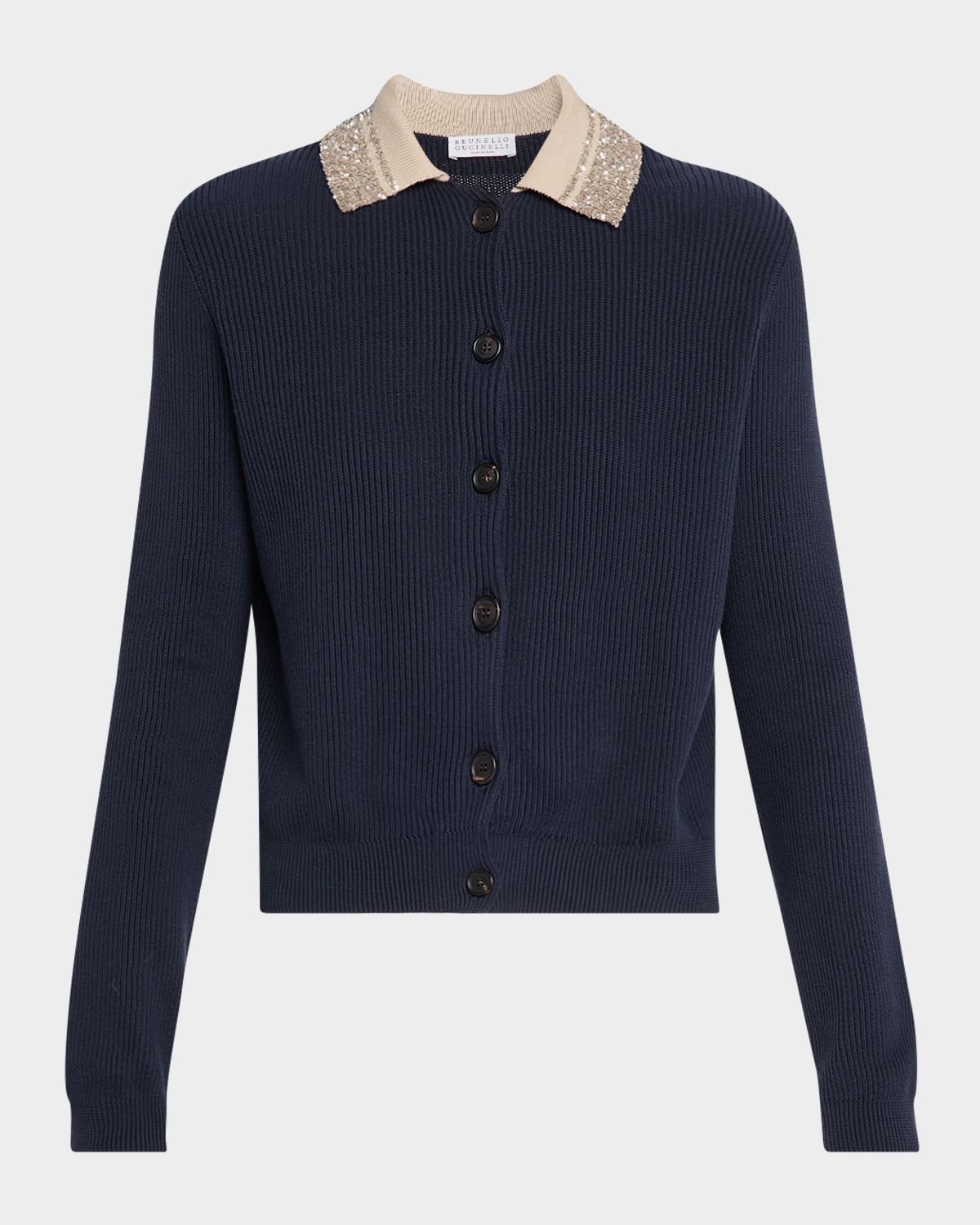 Brunello Cucinelli Paillette Collar Cotton Rib Cardigan