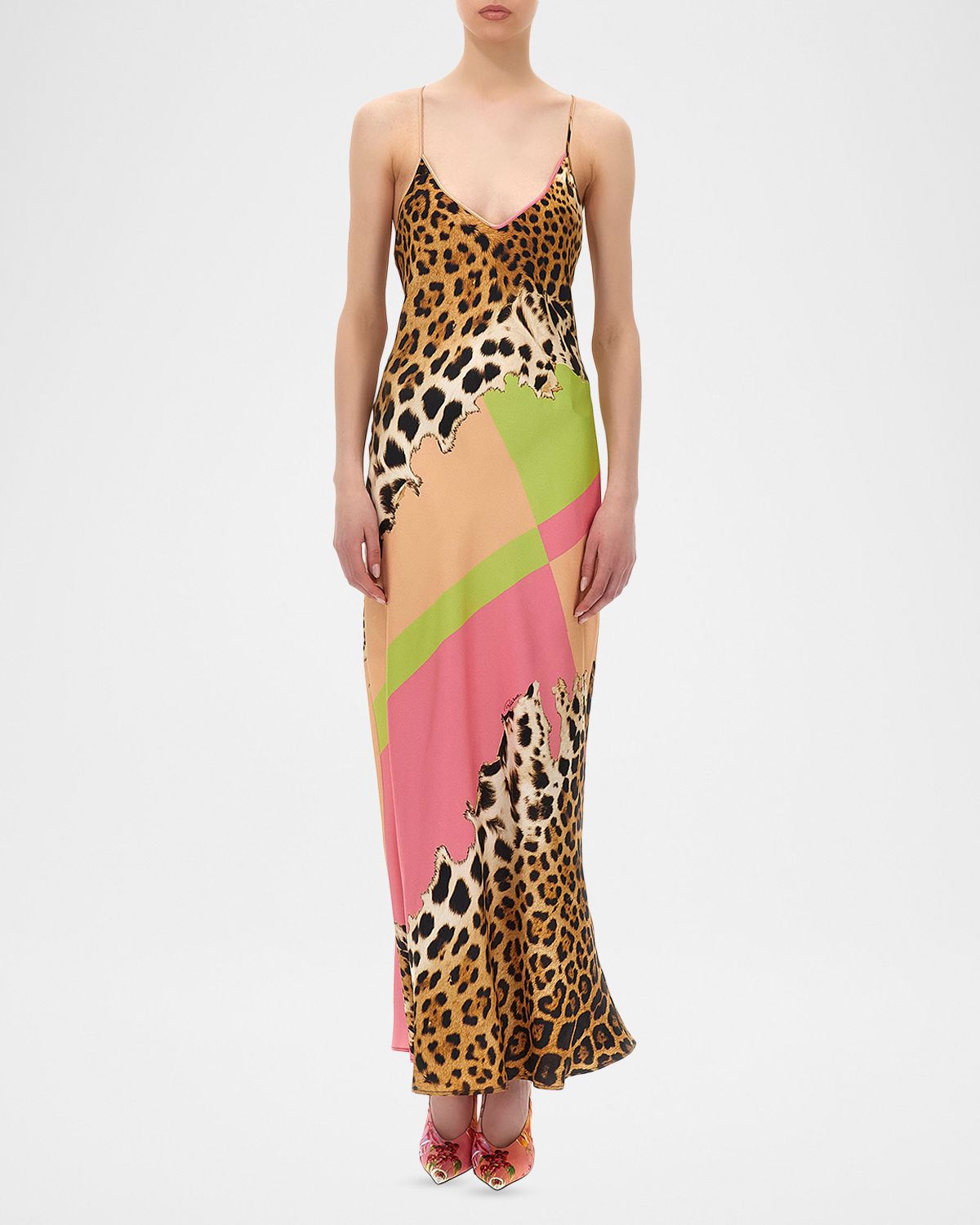 Roberto Cavalli Colorblock Jaguar-Print Silk Maxi Slip Dress