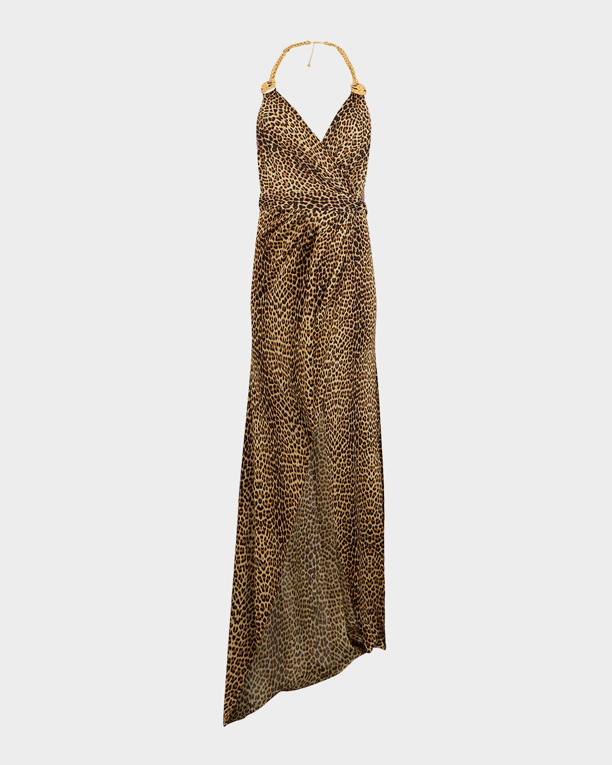 Roberto Cavalli Baby Jaguar-Print Chain Halter Slit Gown