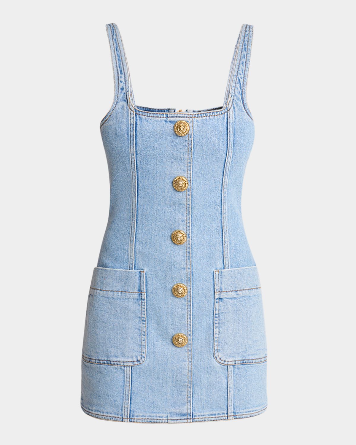 Balmain Denim Button-Front Sleeveless Mini Dress
