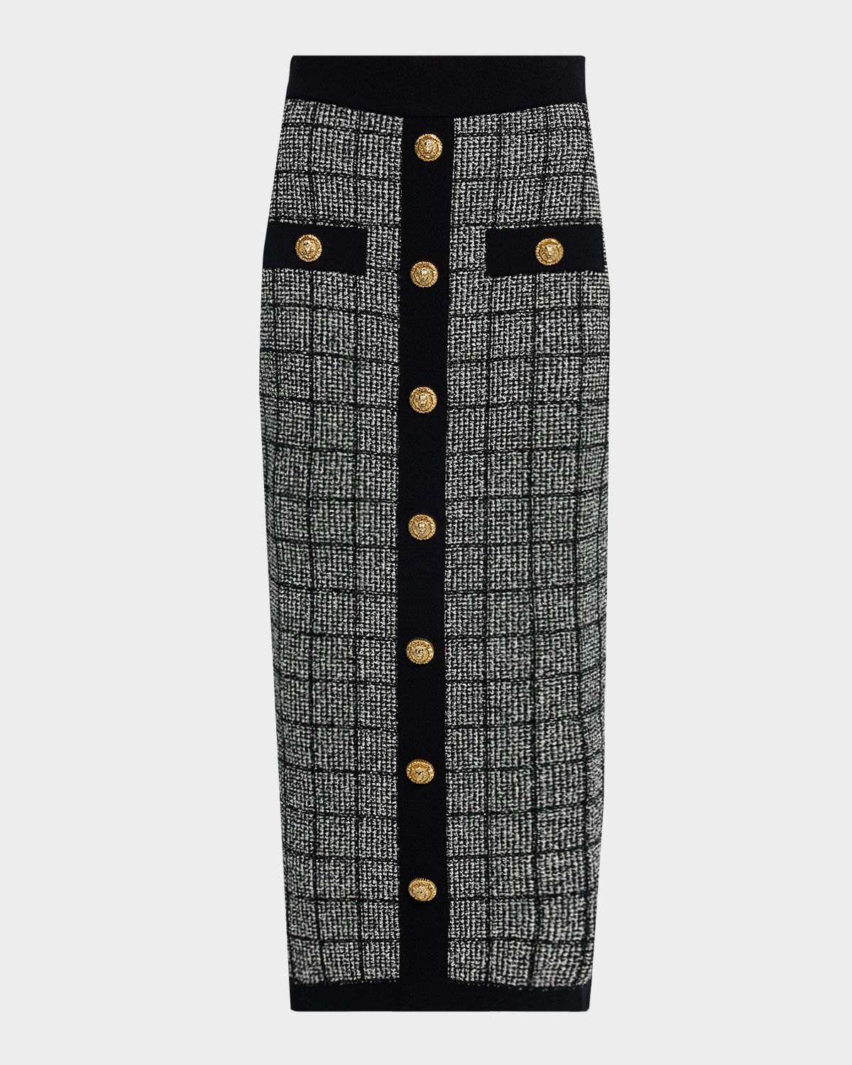 Balmain Buttoned Grid-Check Knit Skirt