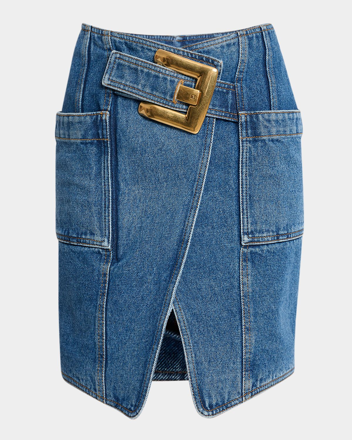 Balmain Belted Wrap Denim Mini Skirt