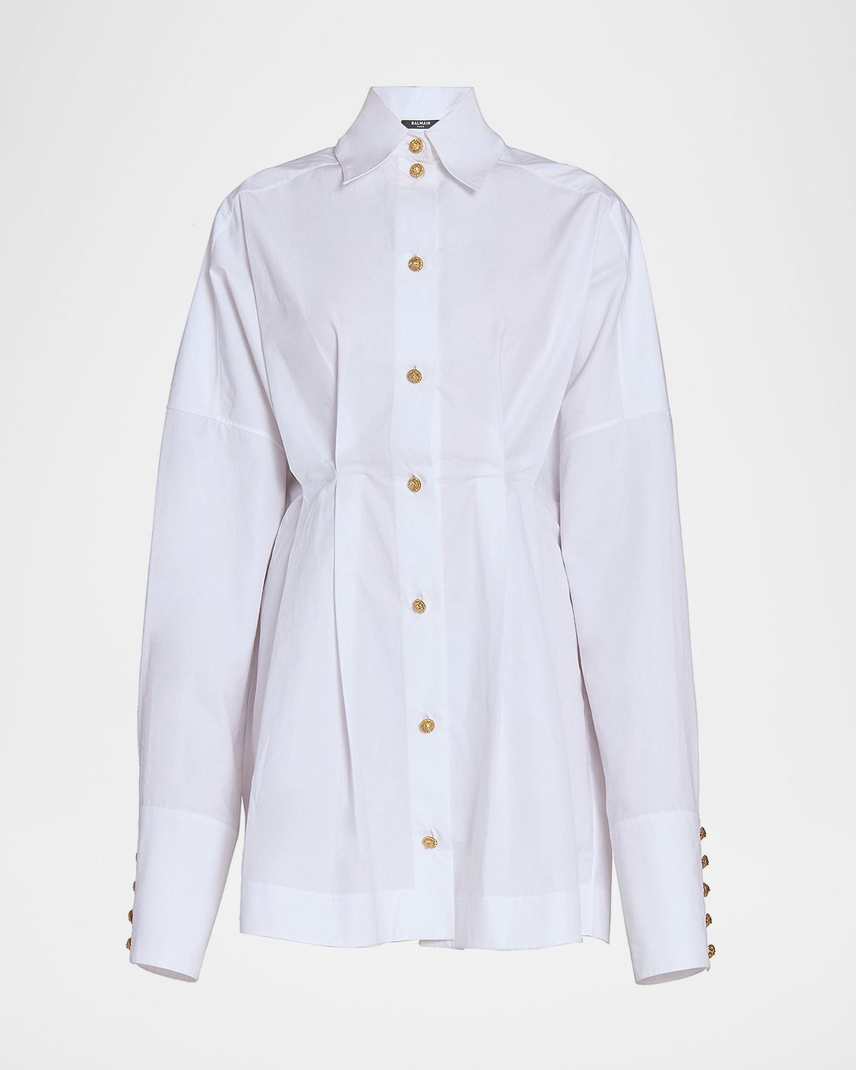 Balmain Pleated Cotton Popeline Oversized Mini Shirtdress