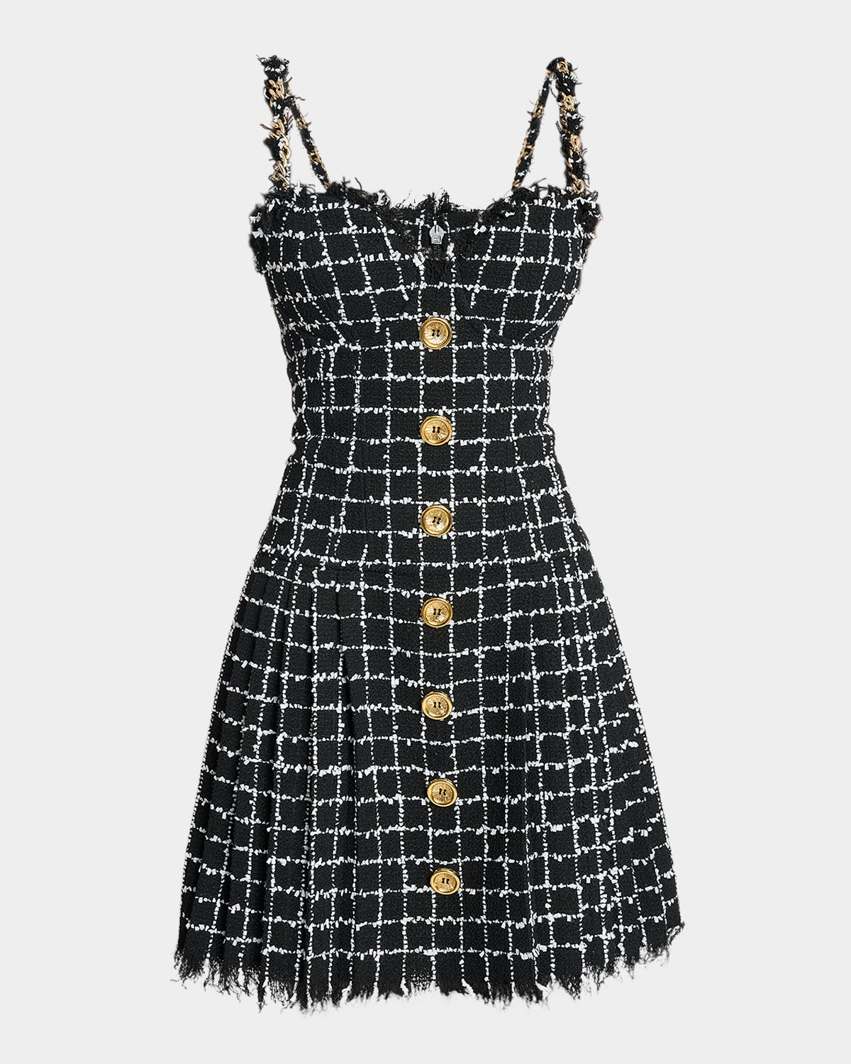 Balmain Buttoned Check Tweed Chain-Strap Mini Dress