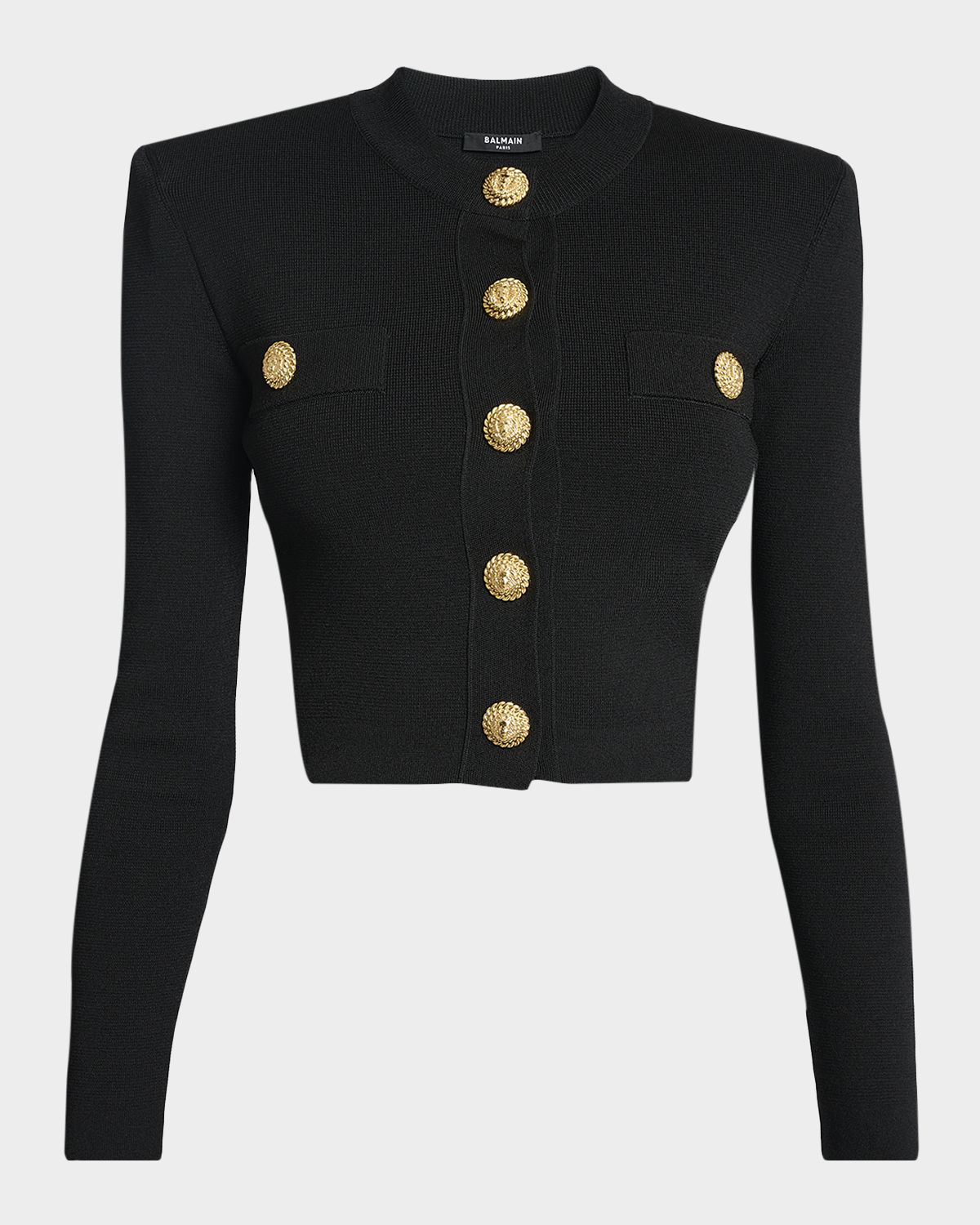 Balmain Buttoned Strong-Shoulder Knit Crop Jacket