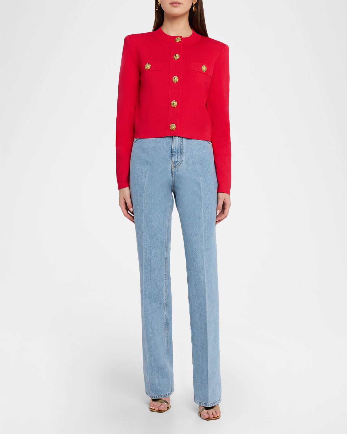 Balmain Buttoned Strong-Shoulder Knit Crop Jacket