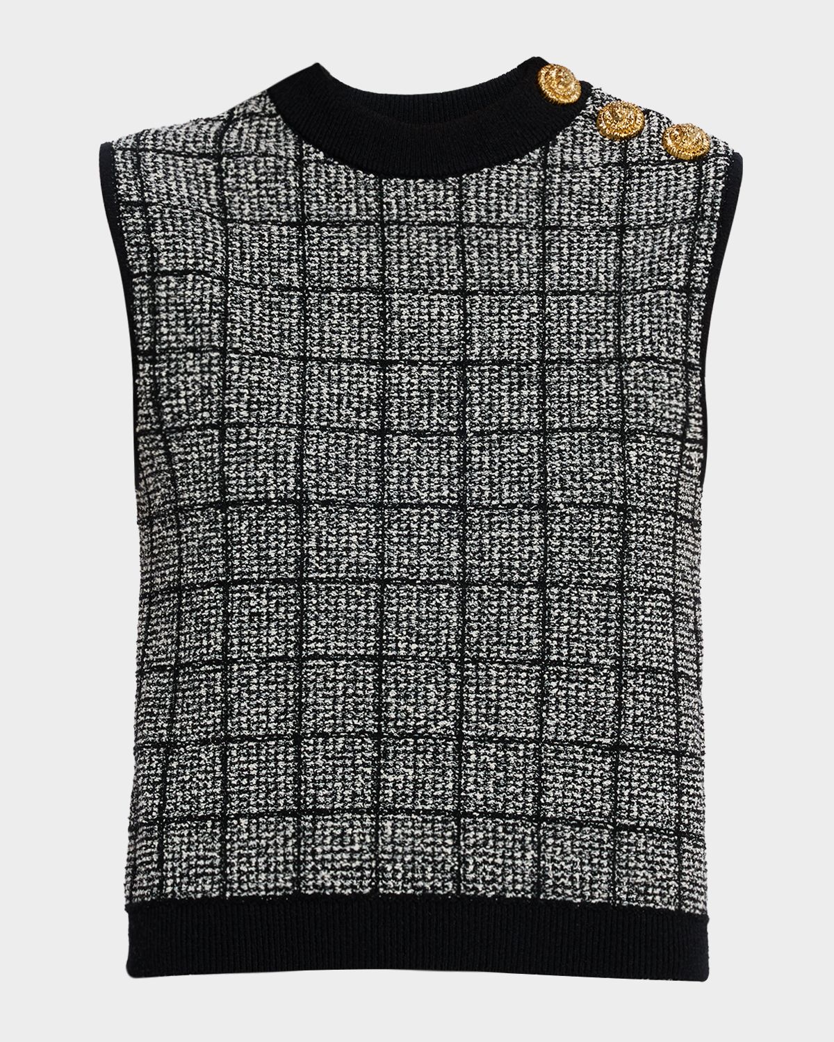 Balmain Sleeveless Grid-Check Knit Top