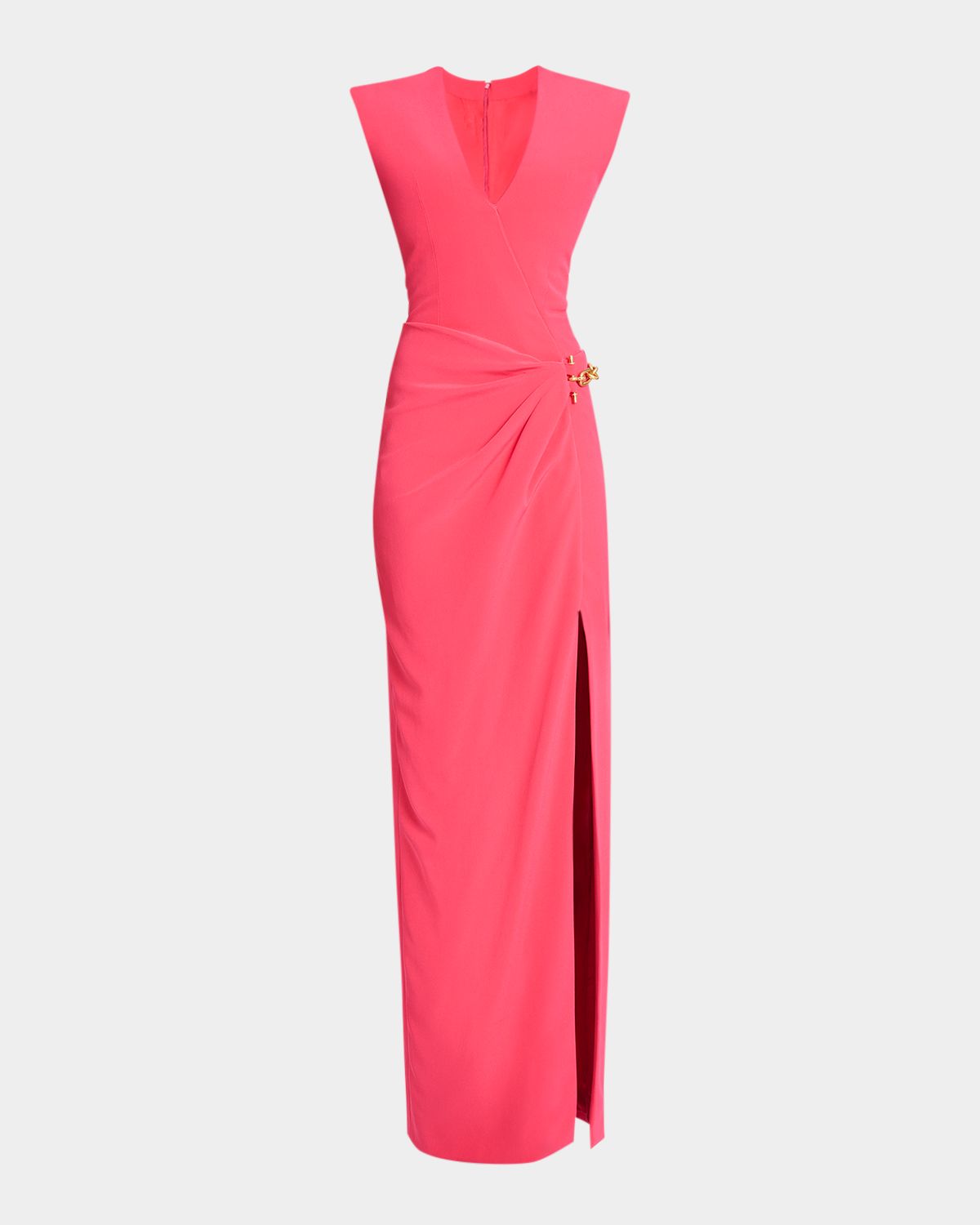 Balmain Strong-Shoulder Sleeveless Chain-Wrap Slit Gown