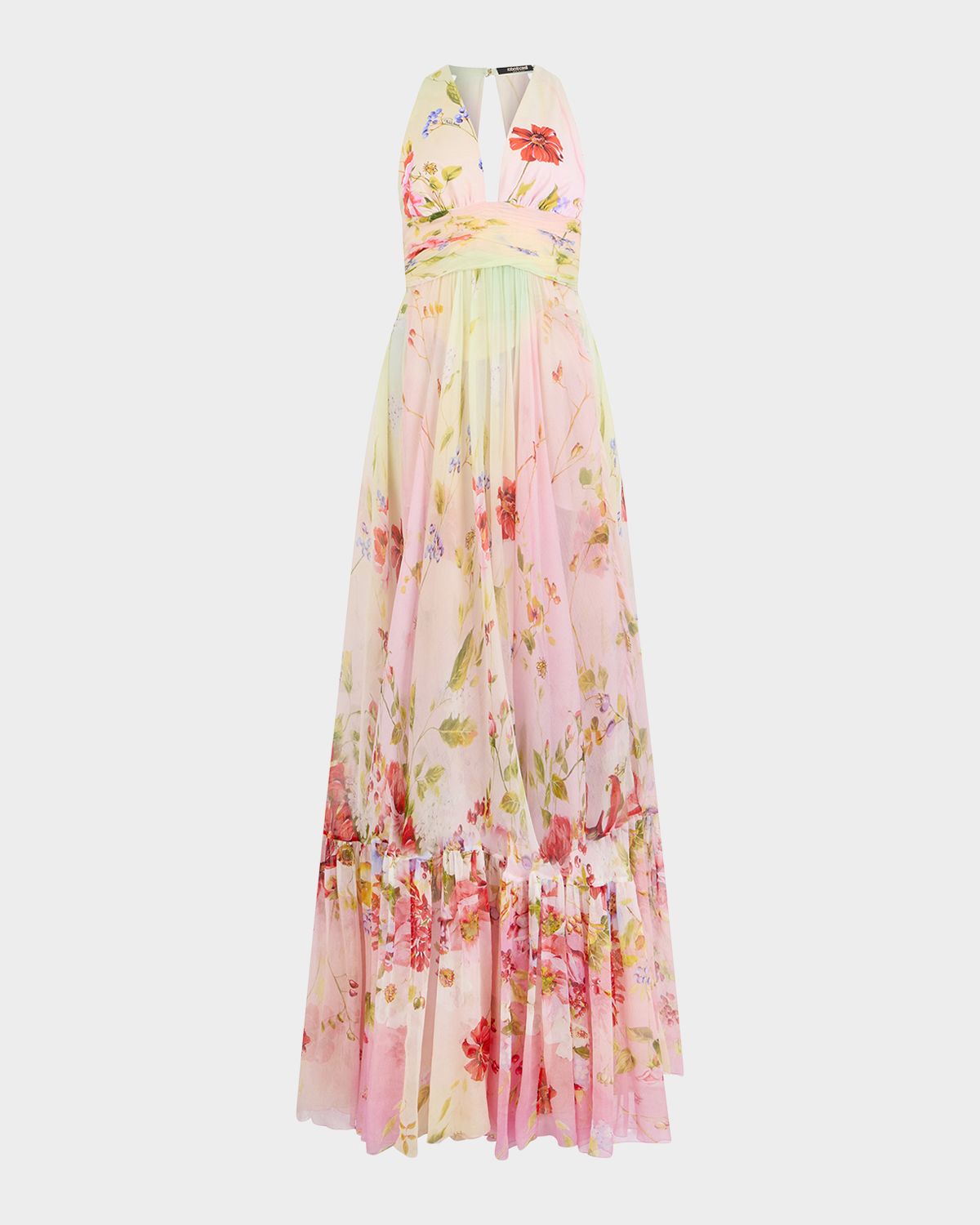 Roberto Cavalli Miami Flowers Print Plunging Silk Chiffon Gown