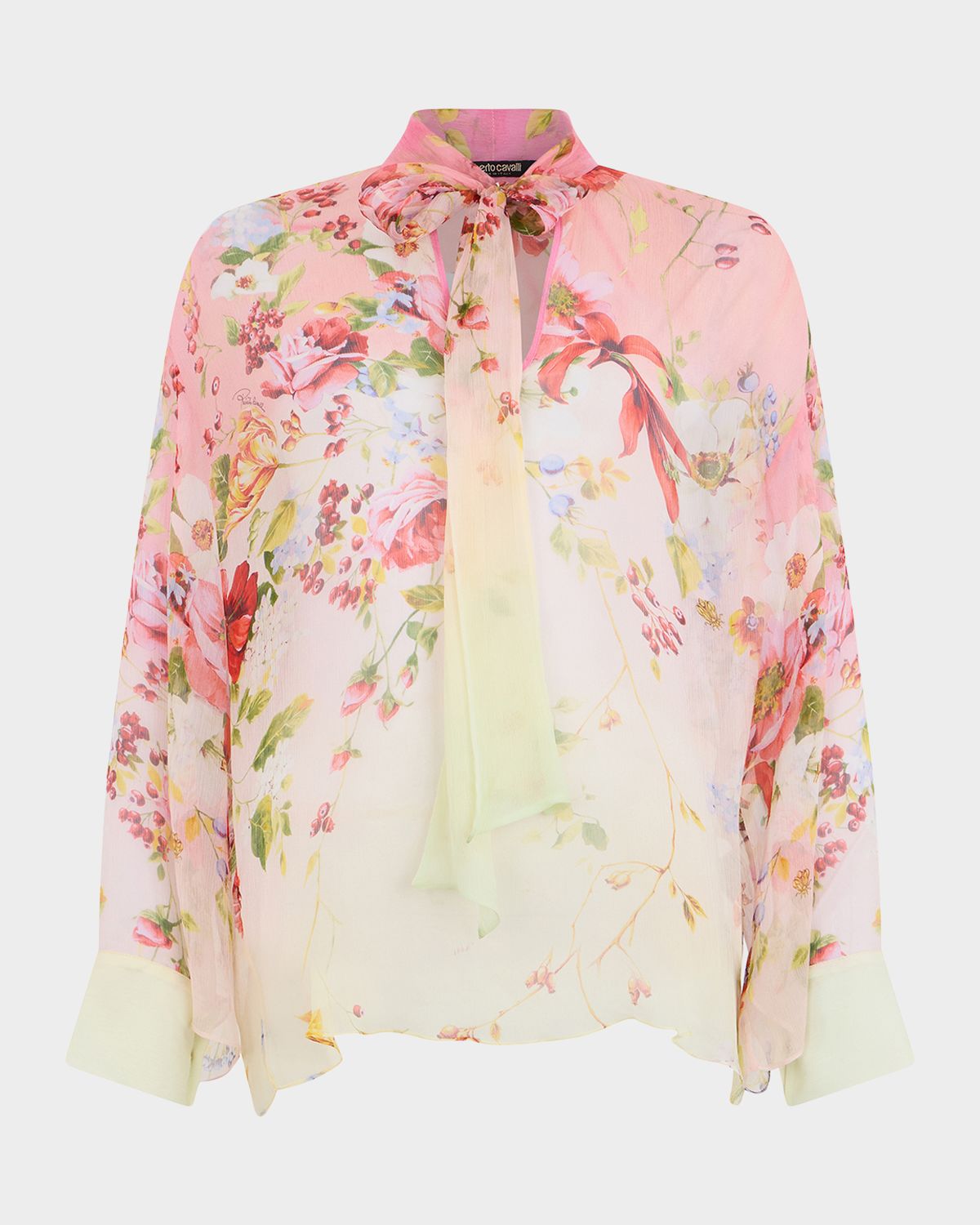 Roberto Cavalli Miami Flowers Print Chiffon Neck-Tie Blouse