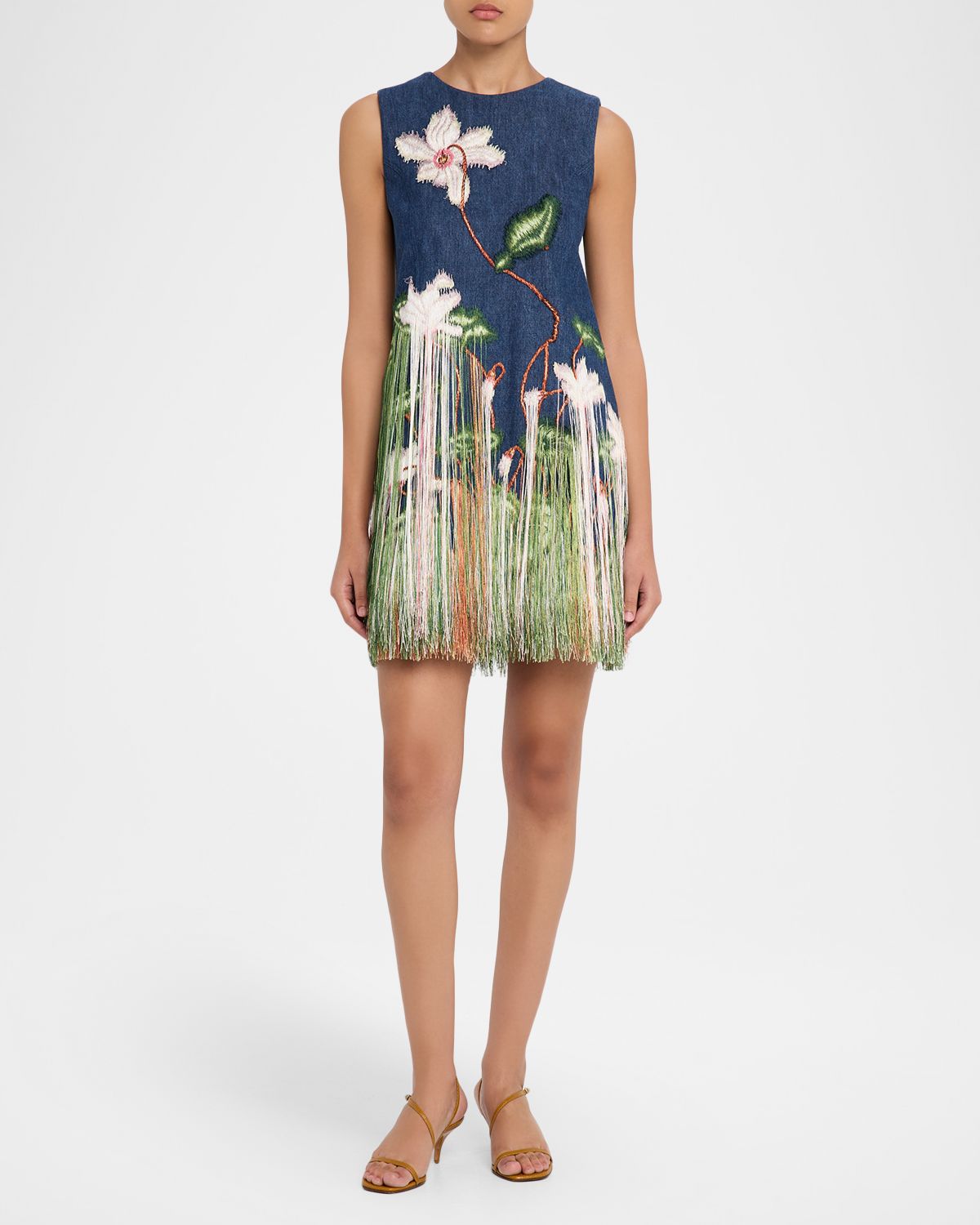 Oscar de la Renta Sleeveless Cyclamen Fringe Denim Mini Dress