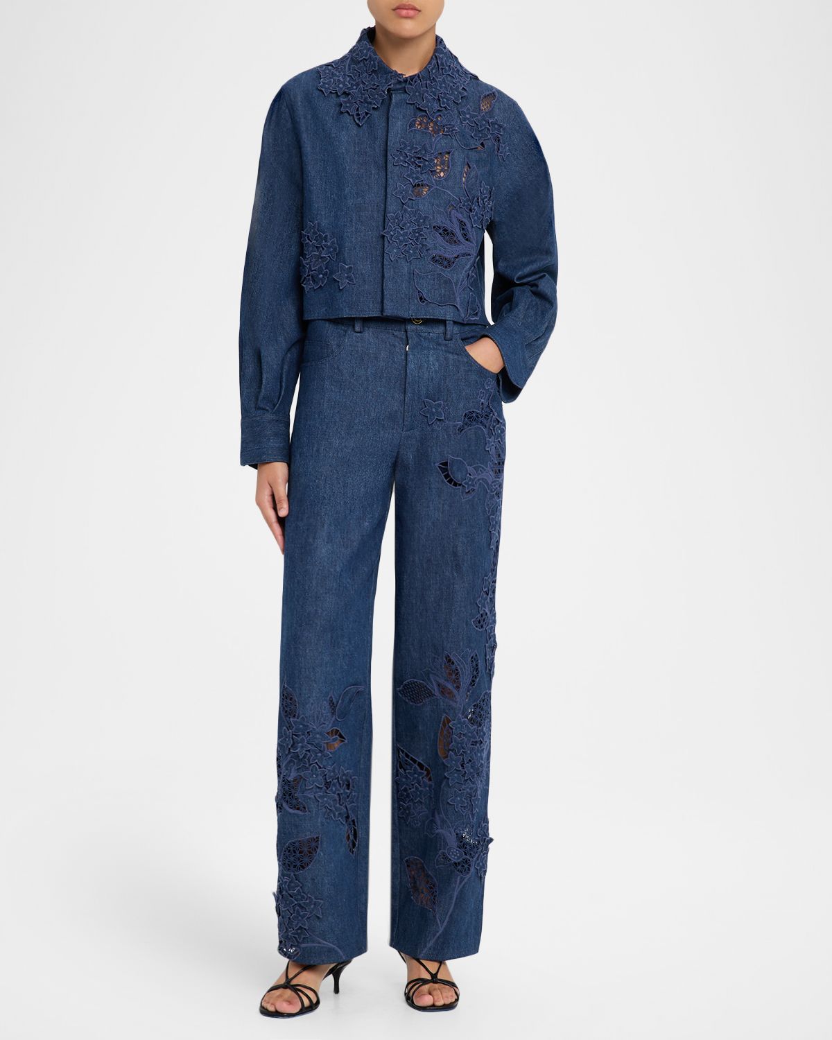 Oscar de la Renta Porcelain Flowers Embroidered Denim Straight-Leg Jeans | Thumbnail 5