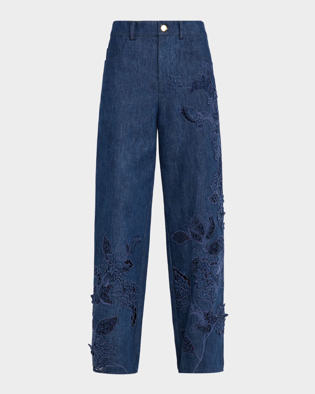 Oscar de la Renta Porcelain Flowers Embroidered Denim Straight-Leg Jeans