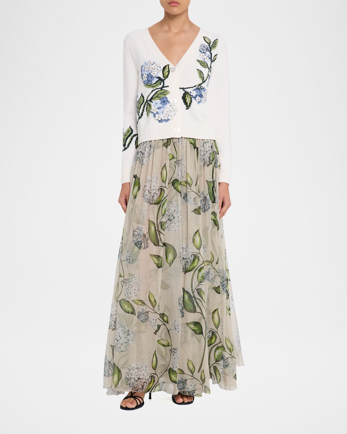 Oscar de la Renta Porcelain Flower Chiffon Maxi Skirt