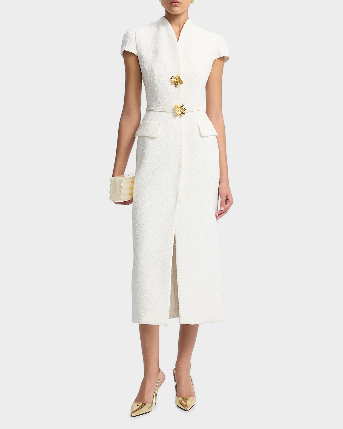 Oscar de la Renta Cap-Sleeve Slub Tweed Buttoned Midi Day Dress
