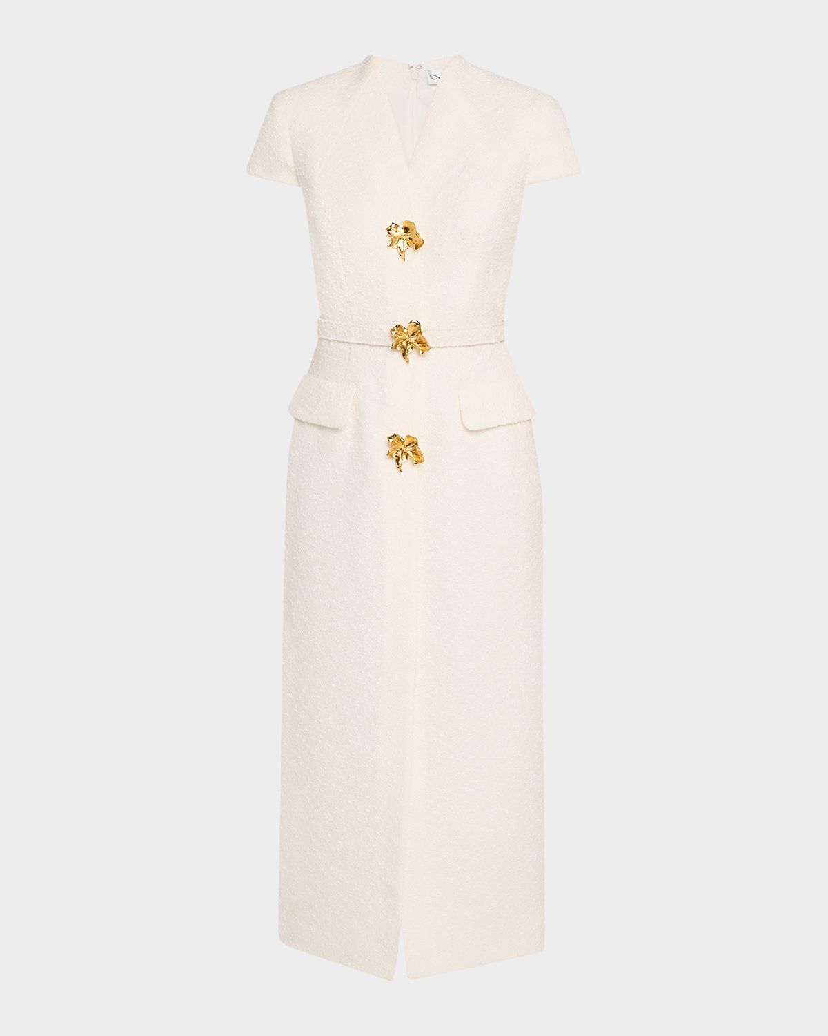 Oscar de la Renta Cap-Sleeve Slub Tweed Buttoned Midi Day Dress