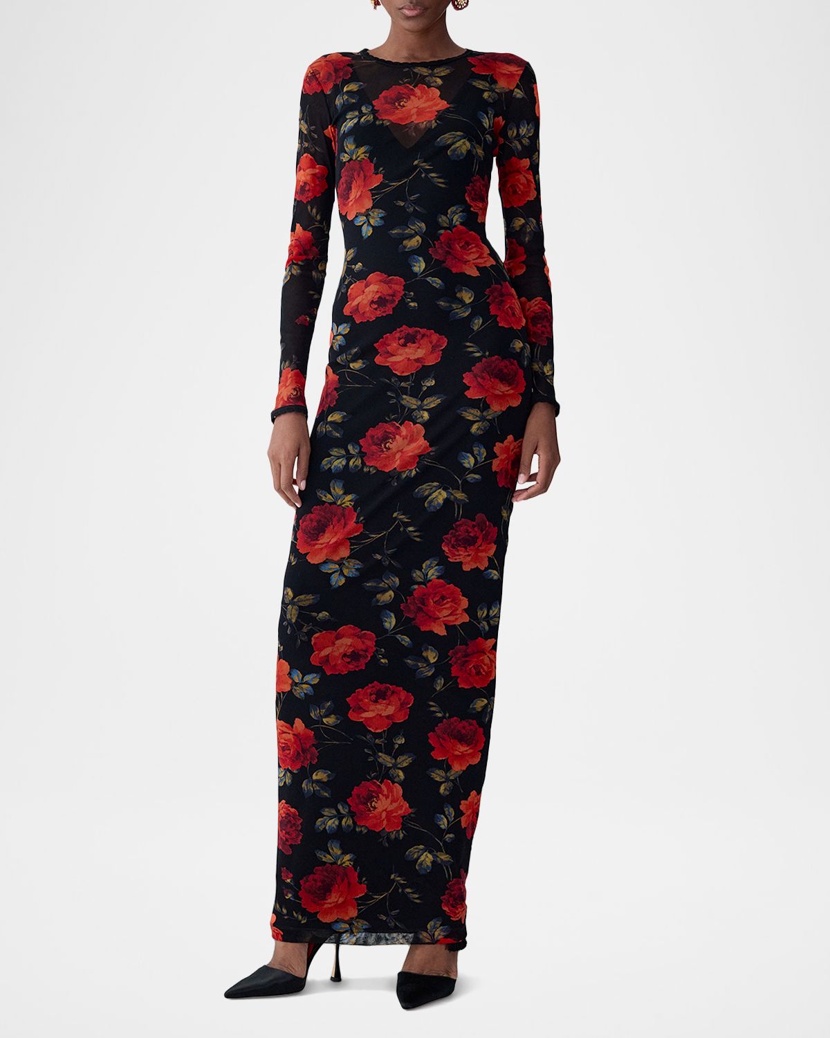 Carolina Herrera Rose-Print Mesh Long-Sleeve Maxi Dress