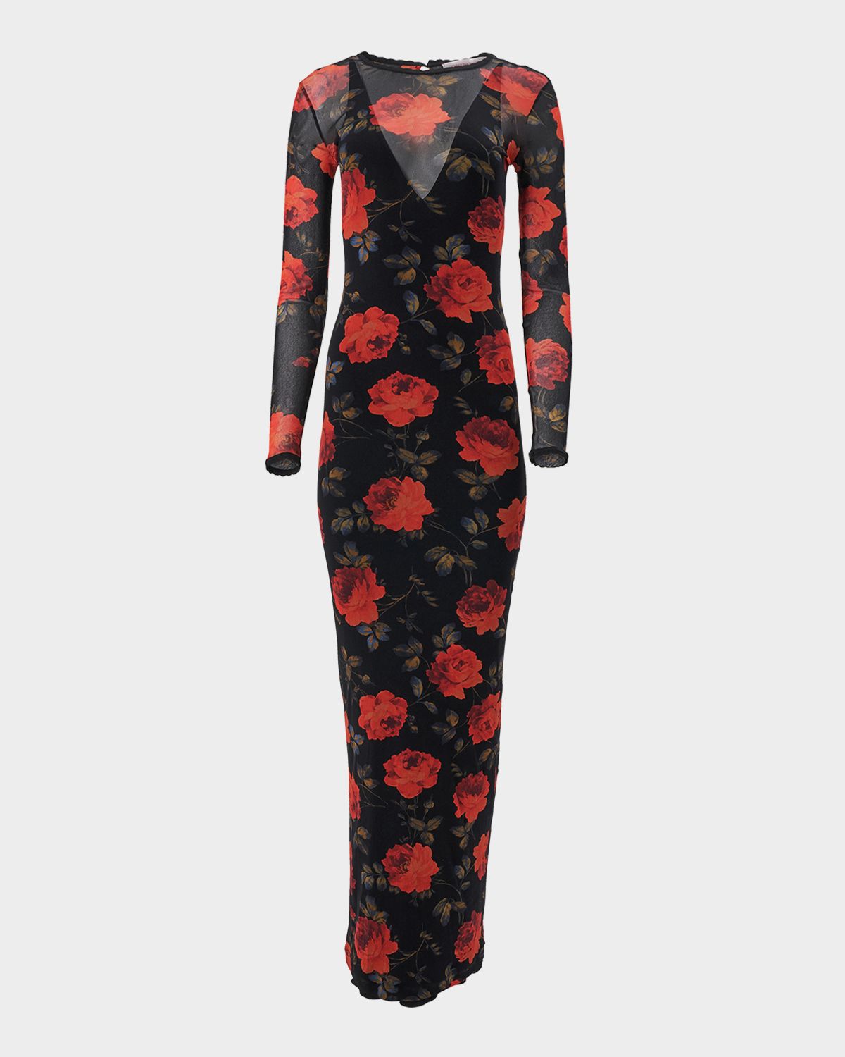 Carolina Herrera Rose-Print Mesh Long-Sleeve Maxi Dress