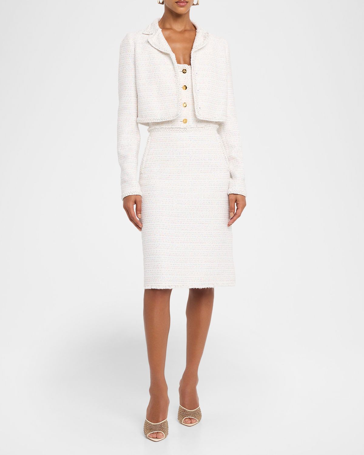 Giambattista Valli Paillette Tweed Button-Front Crop Top