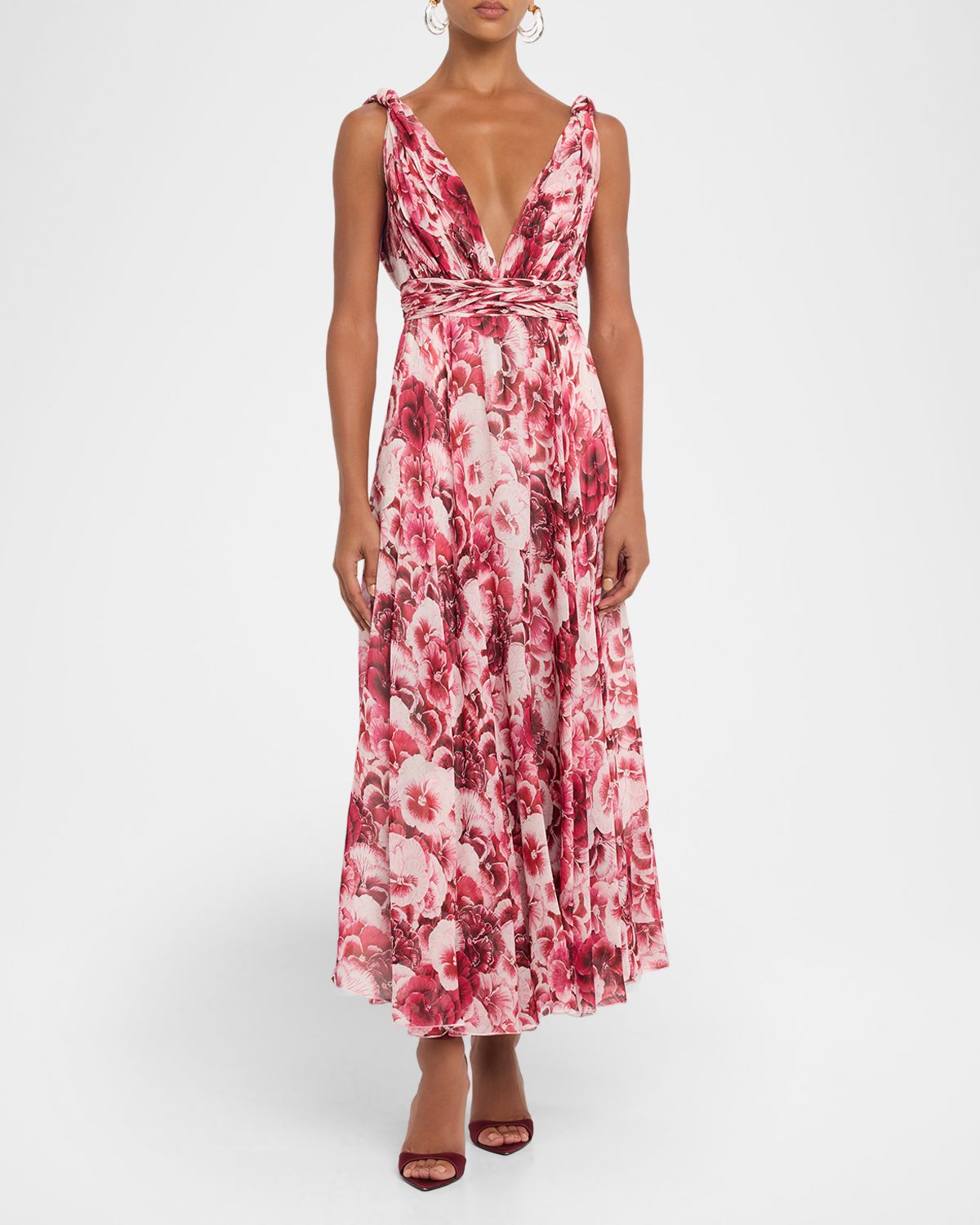 Giambattista Valli Plunging Floral Silk Knotted Maxi Dress