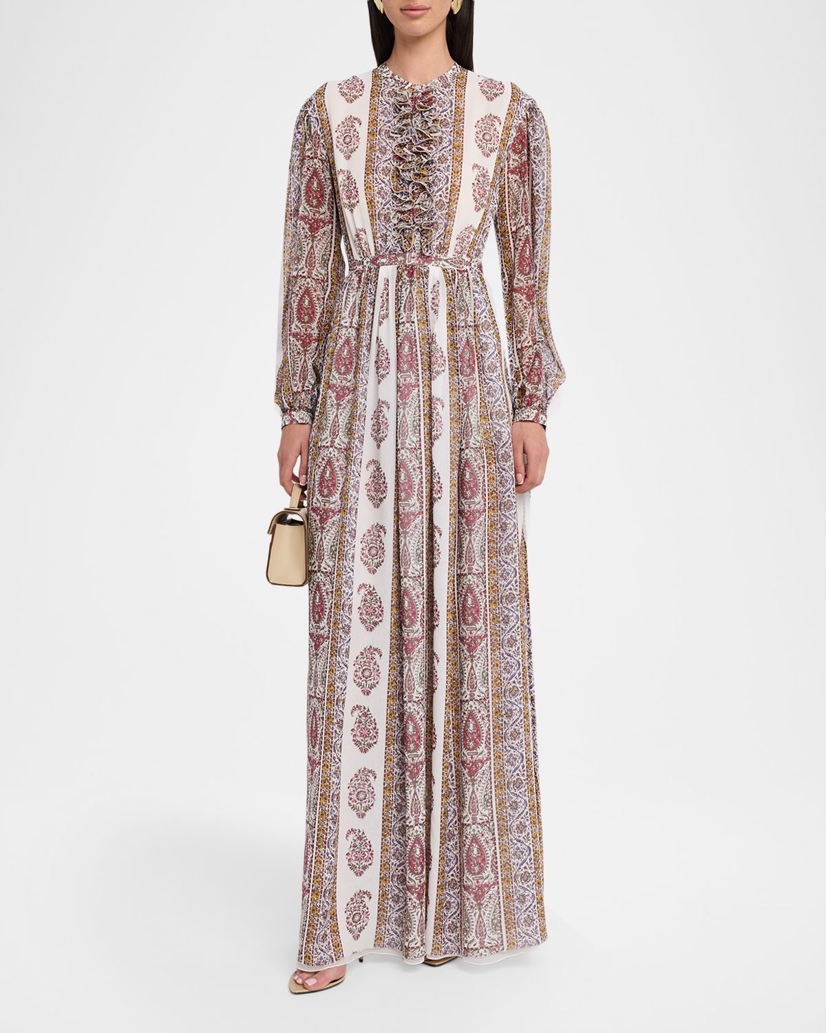 Giambattista Valli Long Bishop-Sleeve Paisley Silk Dress