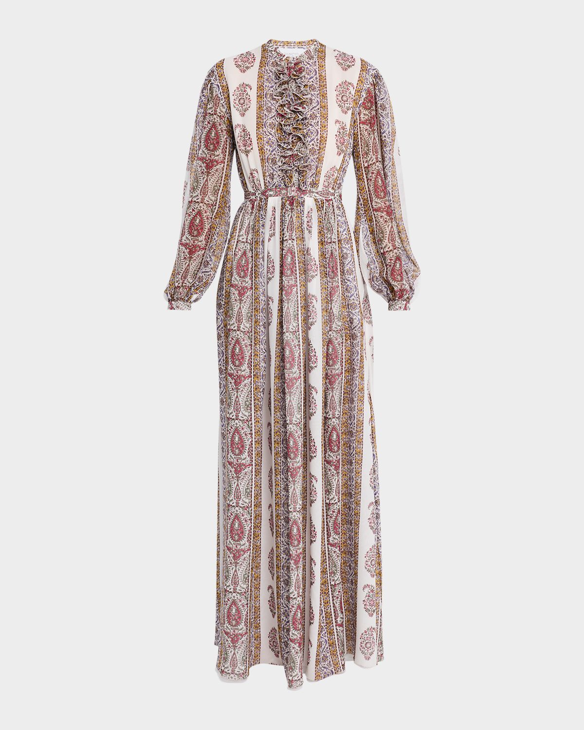 Giambattista Valli Long Bishop-Sleeve Paisley Silk Dress