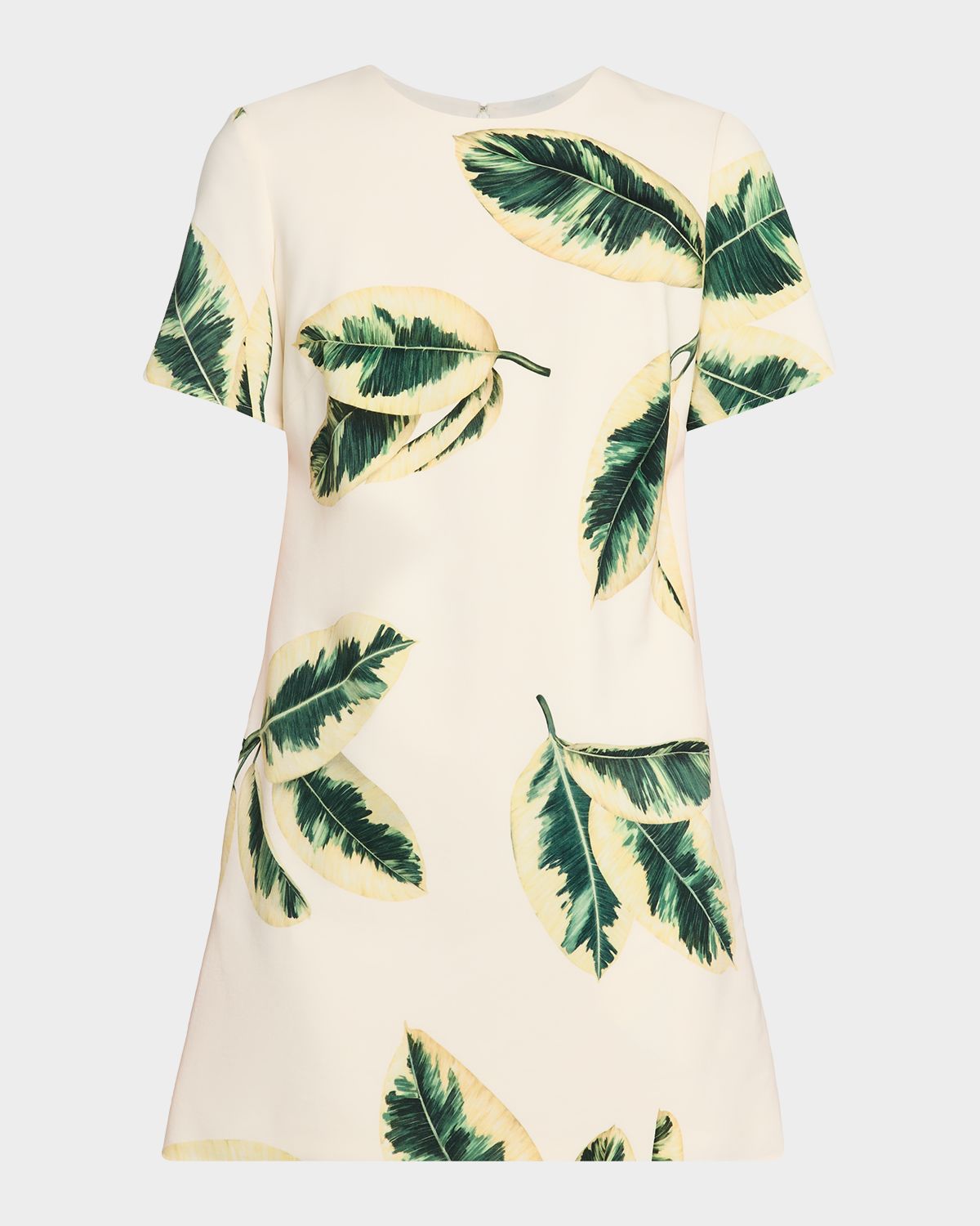 Oscar de la Renta Short-Sleeve Ficus Leaves-Print Mini Shift Dress