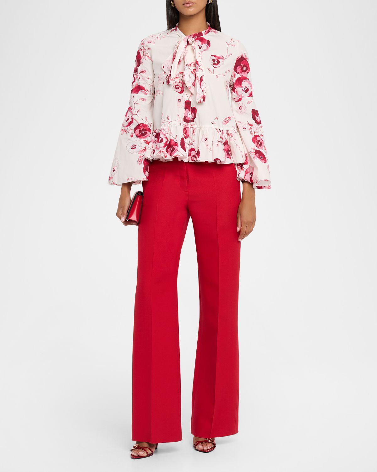 Giambattista Valli Floral Cotton Poplin Bell-Sleeve Neck-Tie Blouse