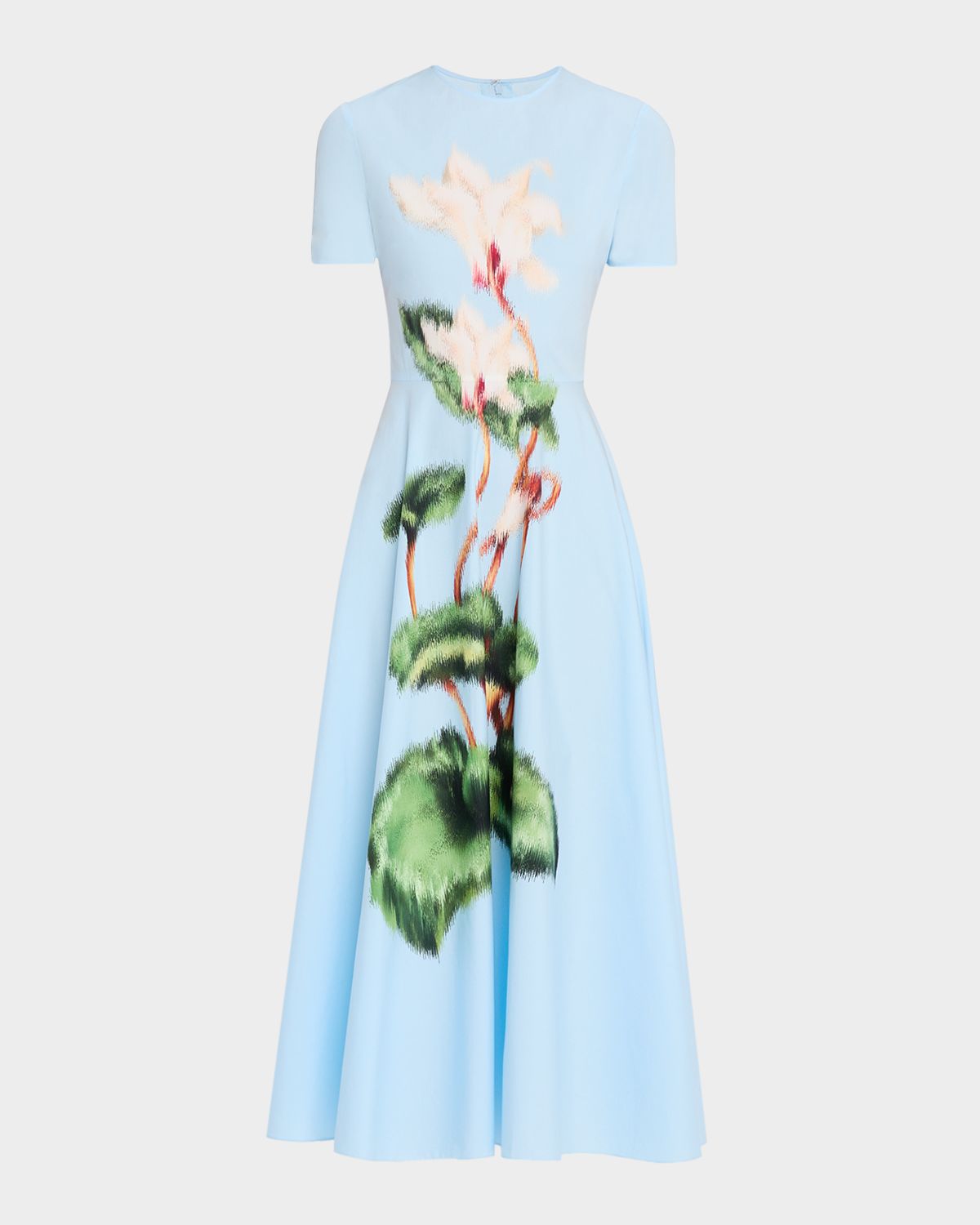 Oscar de la Renta Short-Sleeve Chine Cyclamen Cotton Poplin Midi Dress