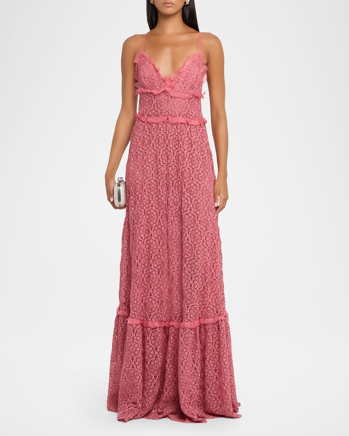 Giambattista Valli Sleeveless Crocket Knit Empire Ruffle Maxi Dress