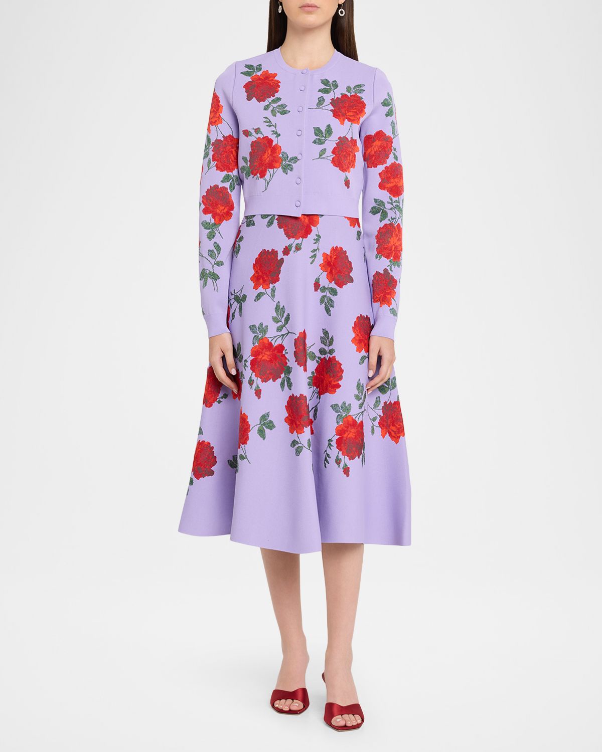 Carolina Herrera Rose Jacquard Crop Crewneck Cardigan