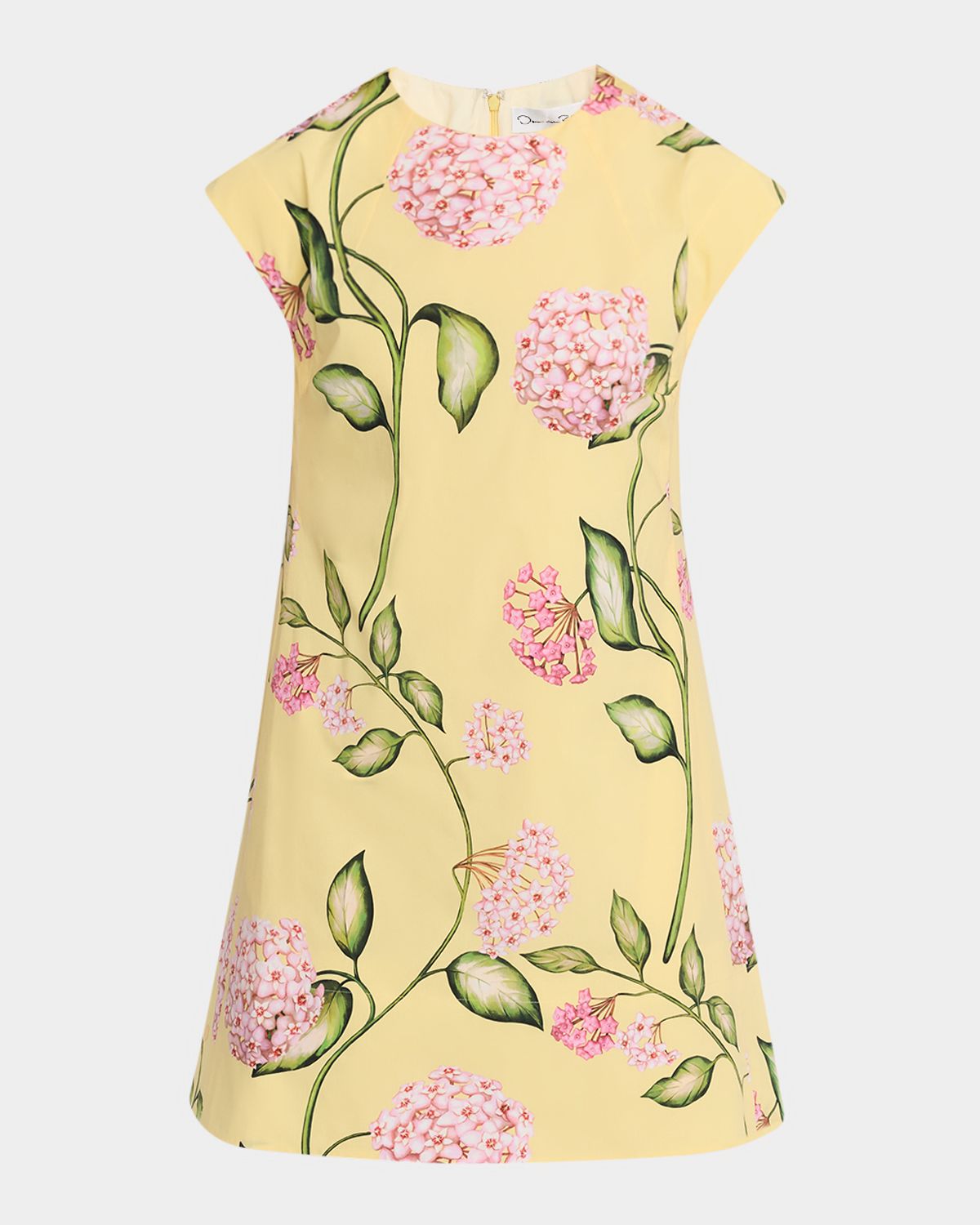 Oscar de la Renta Short-Sleeve Porcelain Flowers Embroidered Midi Dress