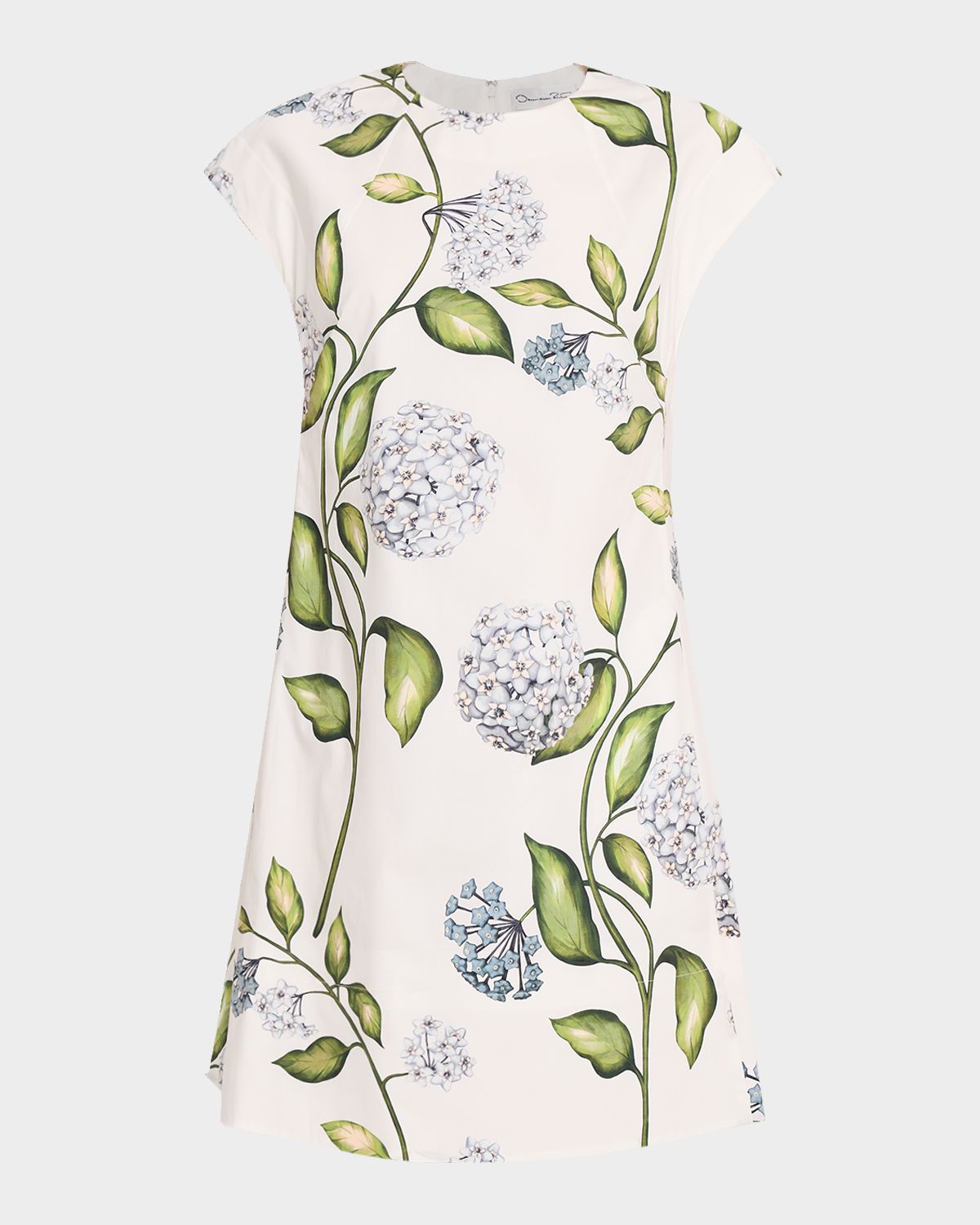 Oscar de la Renta Short-Sleeve Porcelain Flowers Embroidered Midi Dress