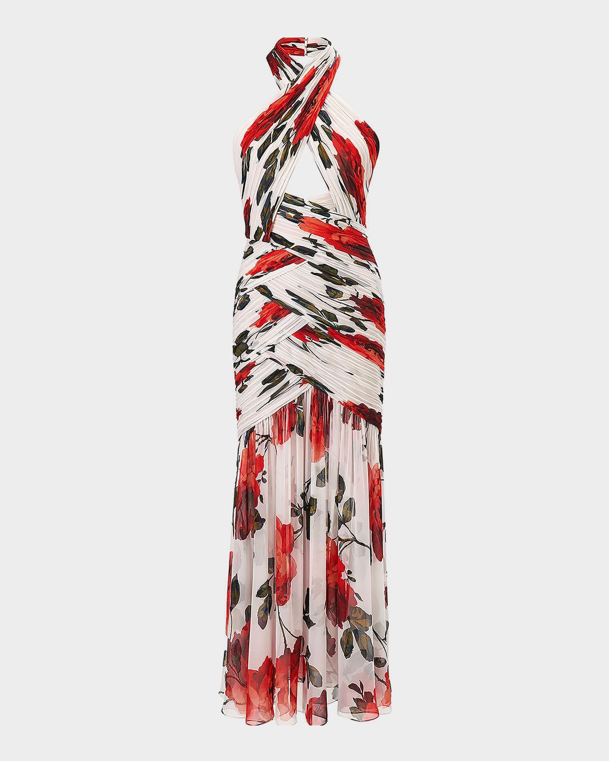 Carolina Herrera Crisscross Ruched Rose Chiffon Halter Gown