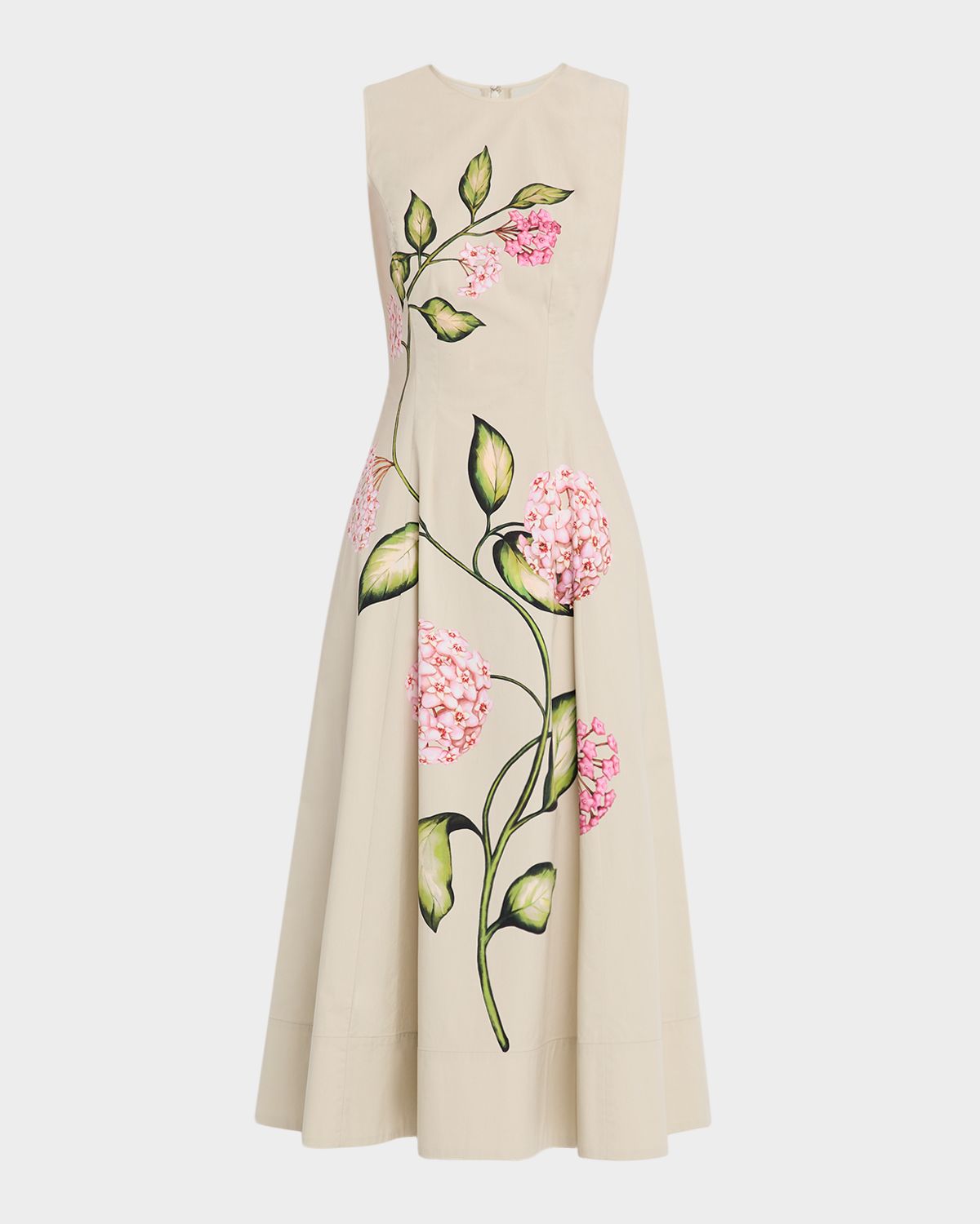 Oscar de la Renta Sleeveless Porcelain Flowers-Print Midi Day Dress