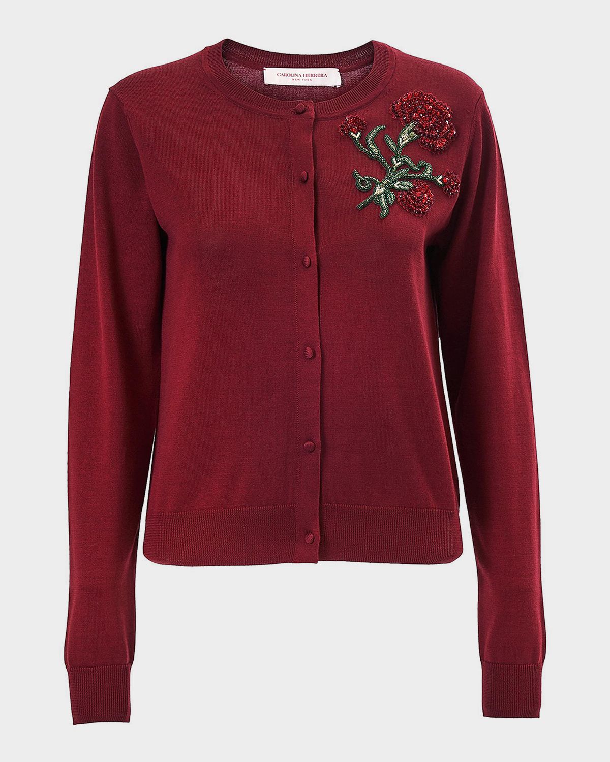 Carolina Herrera Embellished Silk-Cotton Crewneck Cardigan