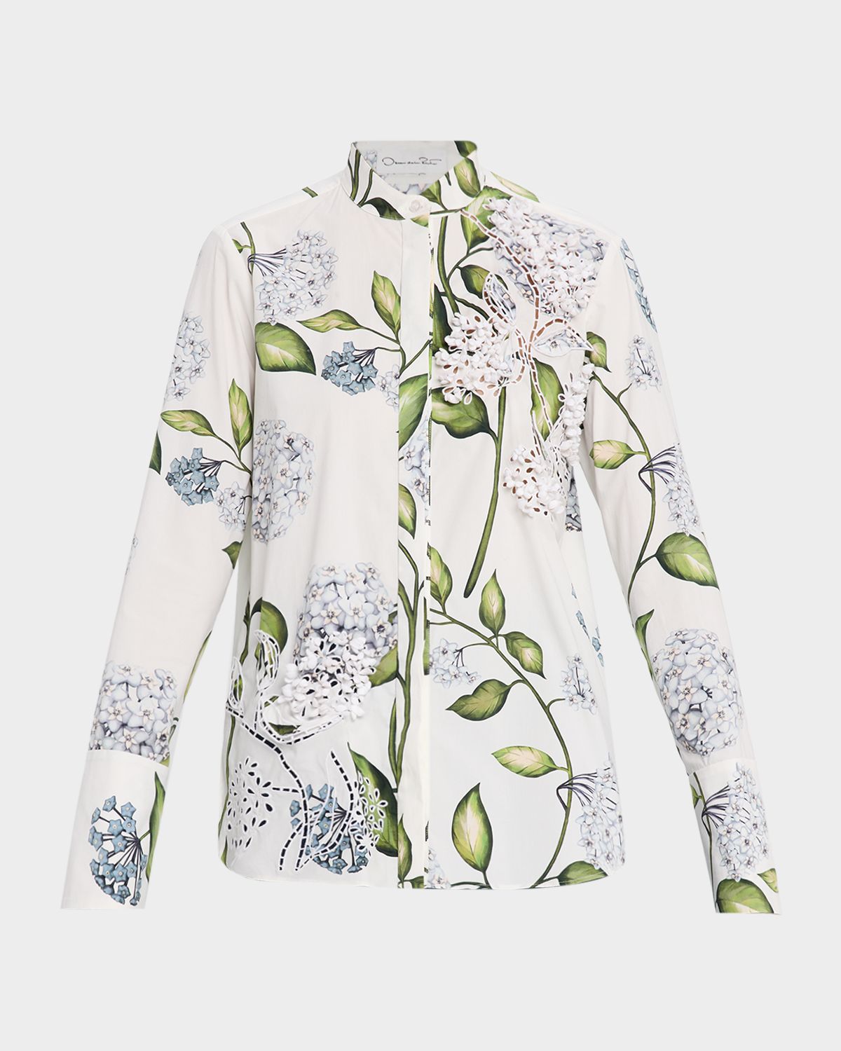 Oscar de la Renta Embroidered Porcelain Flowers Button-Front Shirt