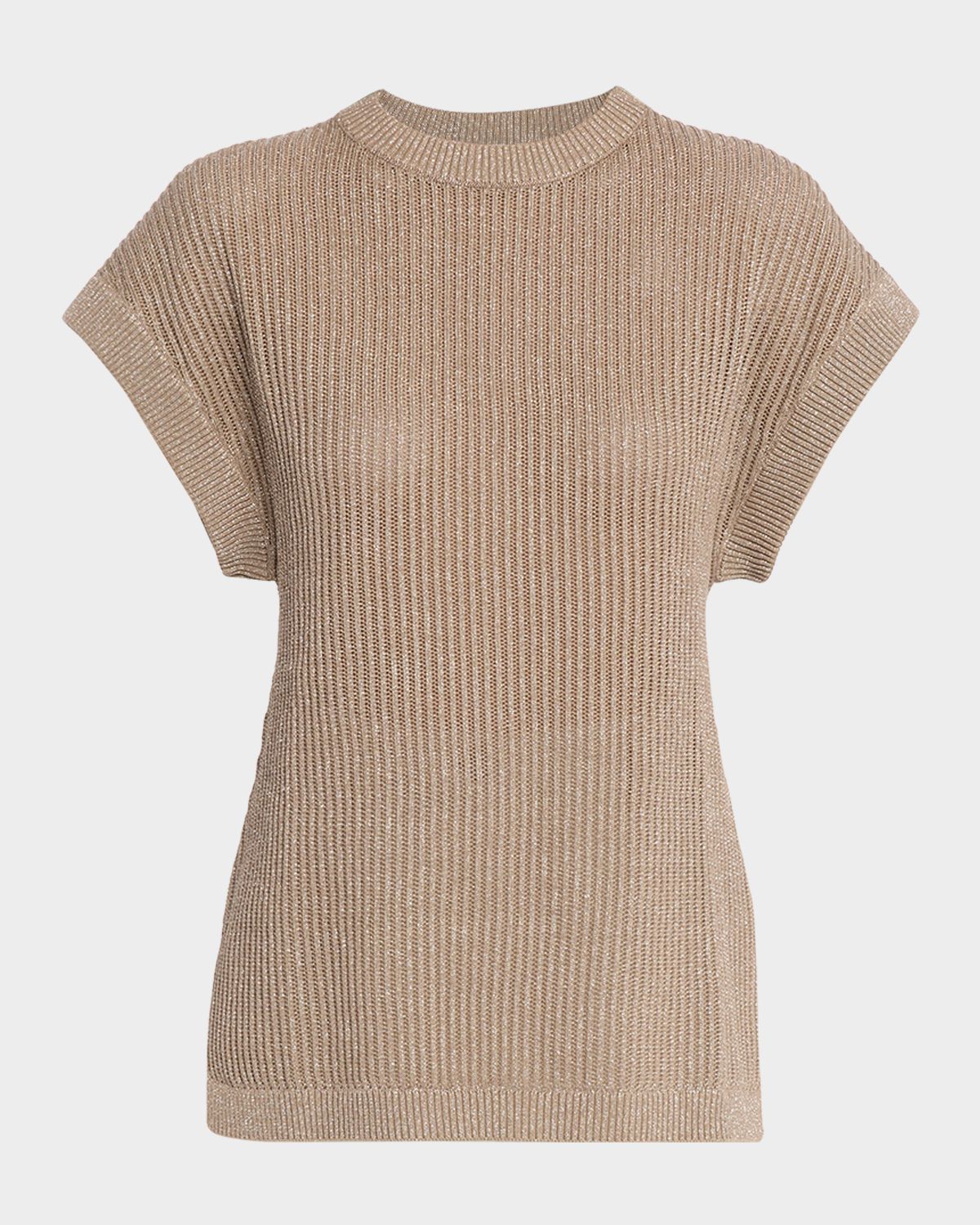 Brunello Cucinelli Metallic English Rib Cap-Sleeve Sweater
