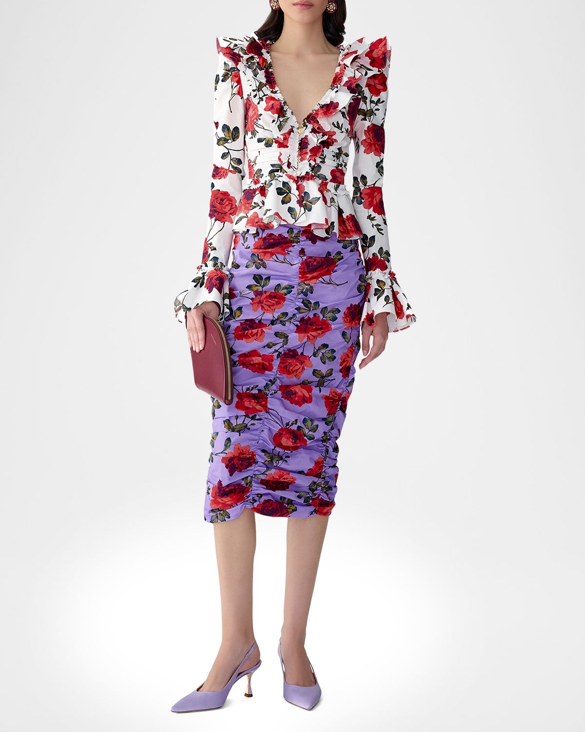 Carolina Herrera Floral Ruched Ruffle Peplum Blouse