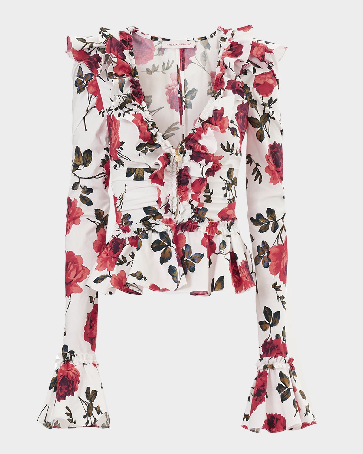 Carolina Herrera Floral Ruched Ruffle Peplum Blouse