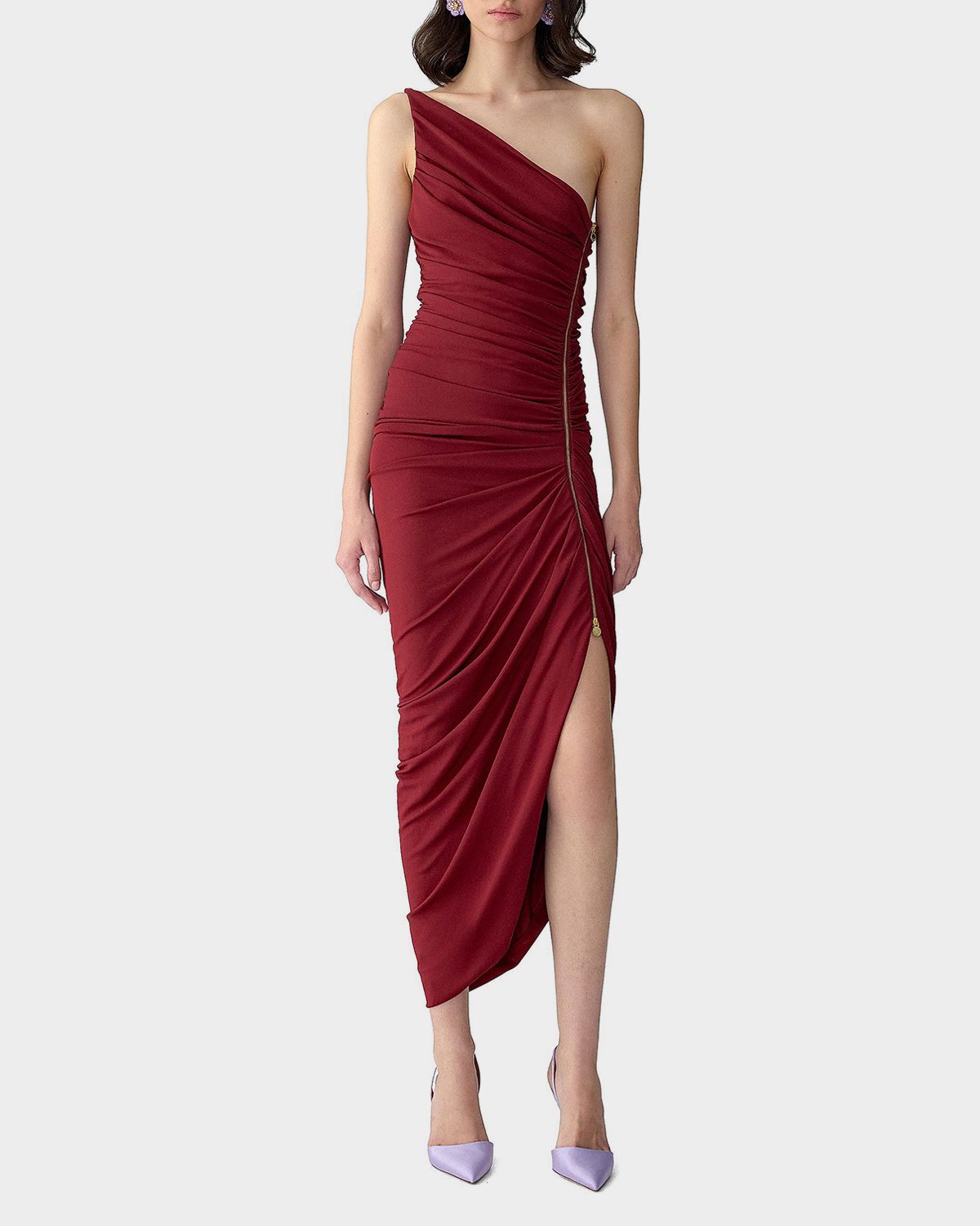 Carolina Herrera Ruched Zipper One-Shoulder Midi Dress