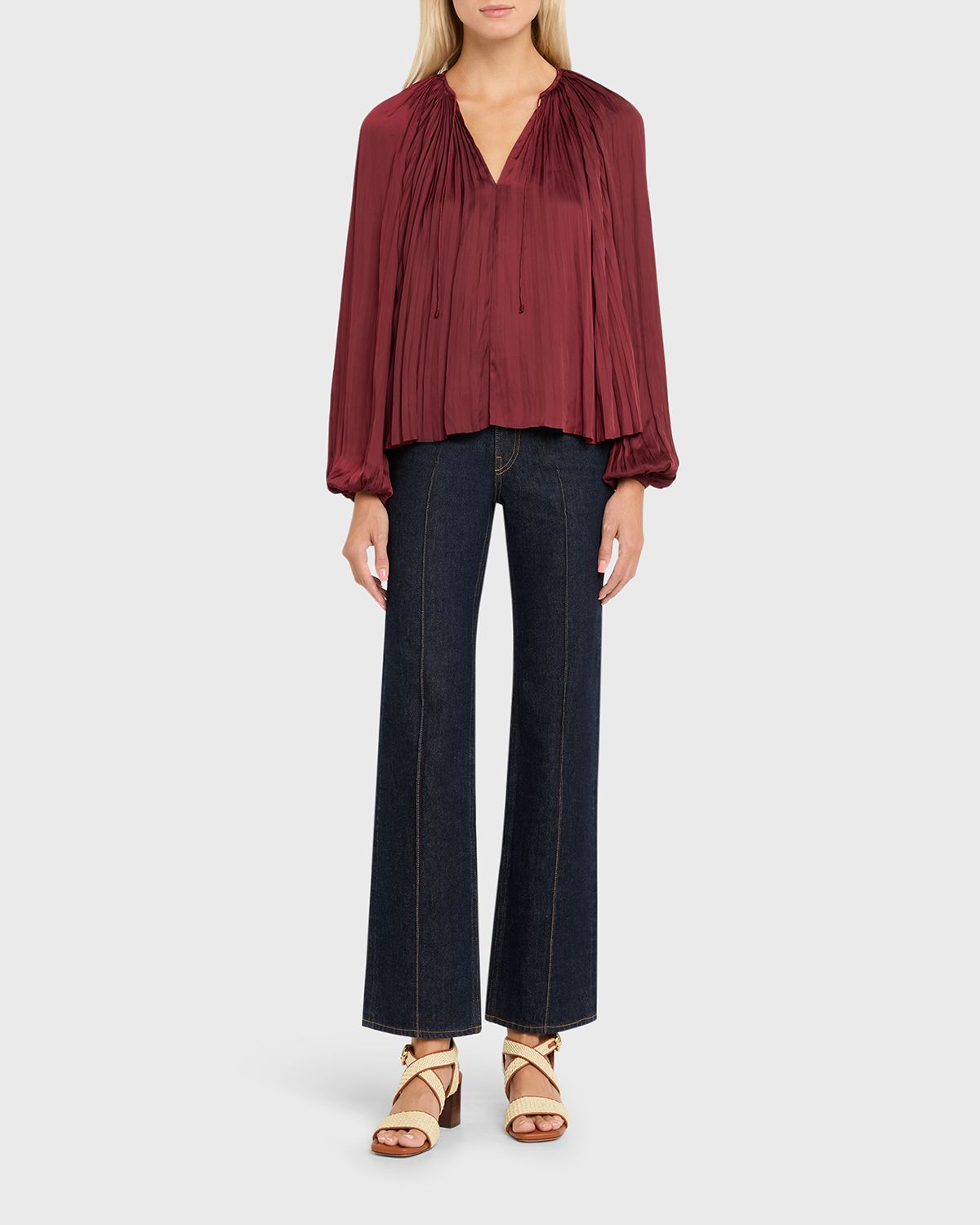 Ulla Johnson Electra Pleated Satin Peasant Blouse