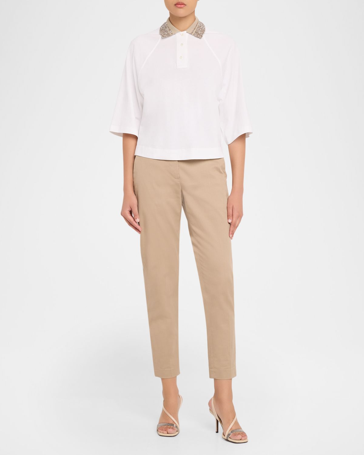 Brunello Cucinelli Paillette Collar 3/4-Sleeve Polo T-Shirt