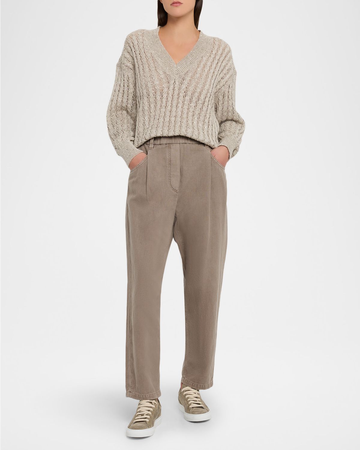 Brunello Cucinelli Paillette Linen Cable Knit V-Neck Sweater